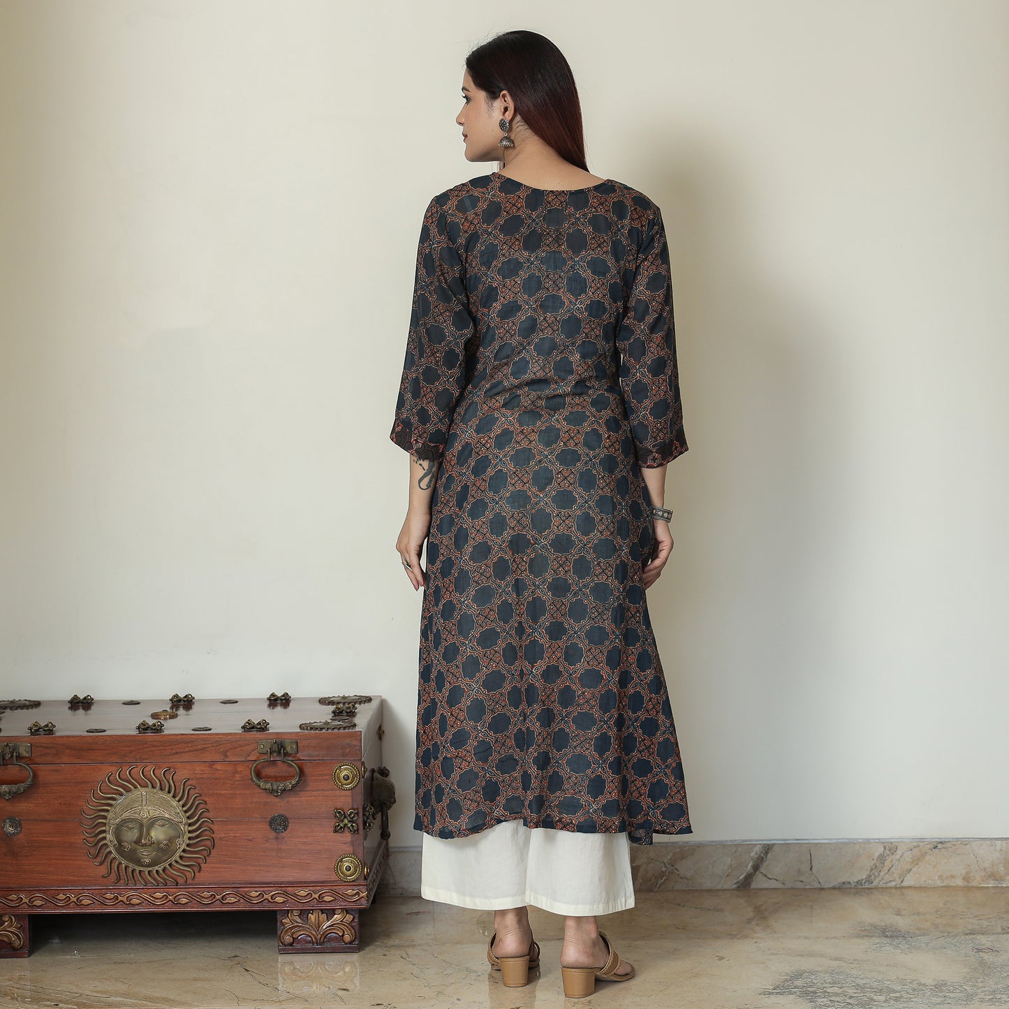 Buy Ajrakh Block Printed Mul Cotton A-Line Kurta for Women