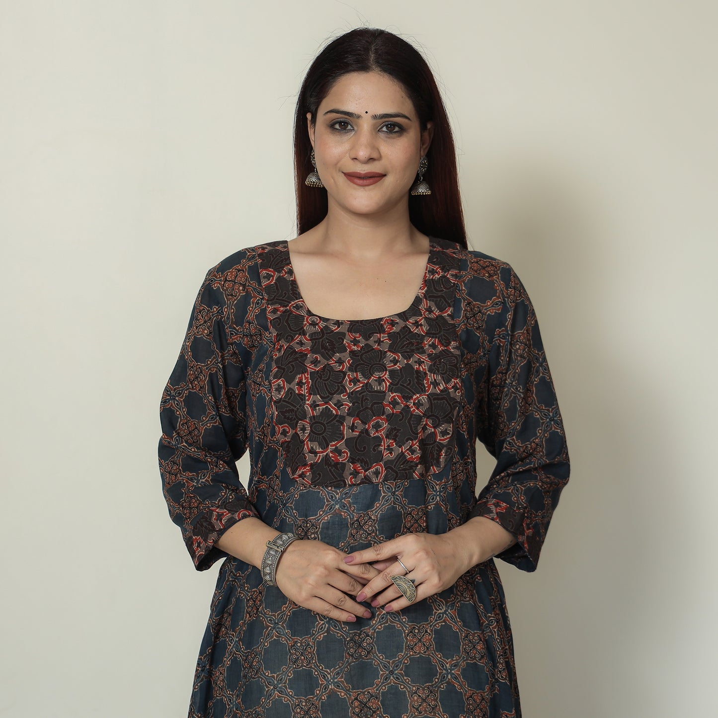 Buy Ajrakh Block Printed Mul Cotton A-Line Kurta for Women