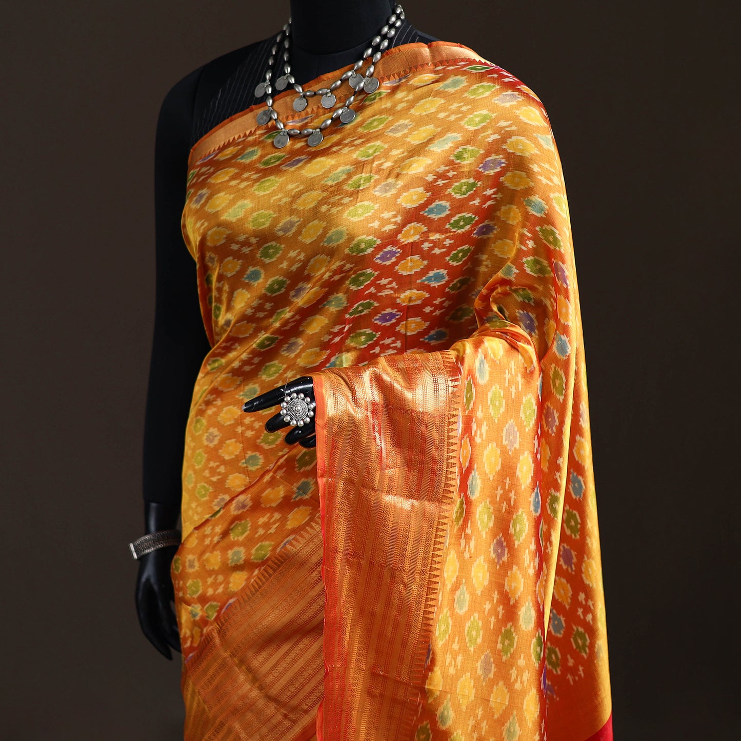 Traditional Pochampally Ikat Handwoven Pure Silk Pattu Saree with Rudraksha Border 15