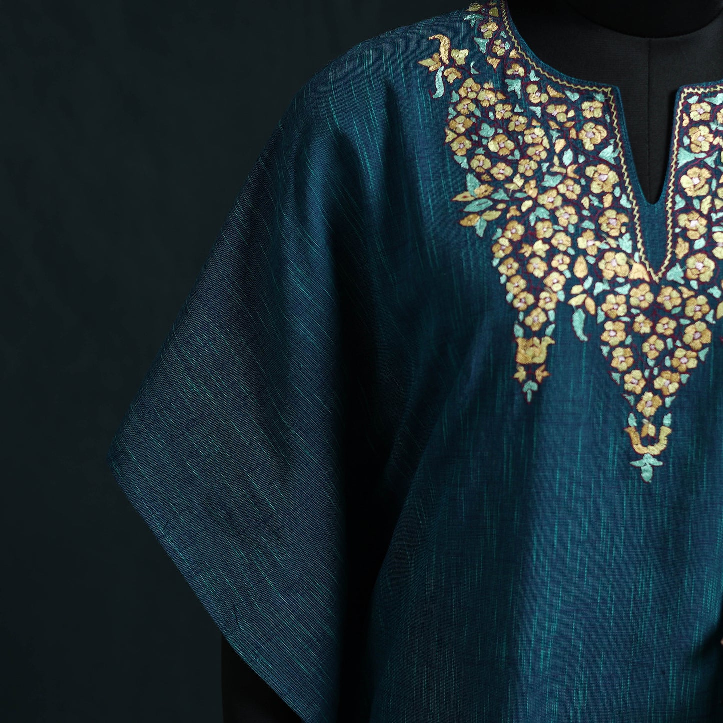 Blue - Kashmiri Kashida Hand Embroidered Cotton Kaftan (Medium) 56