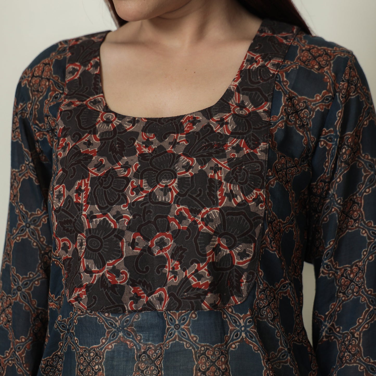 Buy Ajrakh Block Printed Mul Cotton A-Line Kurta for Women