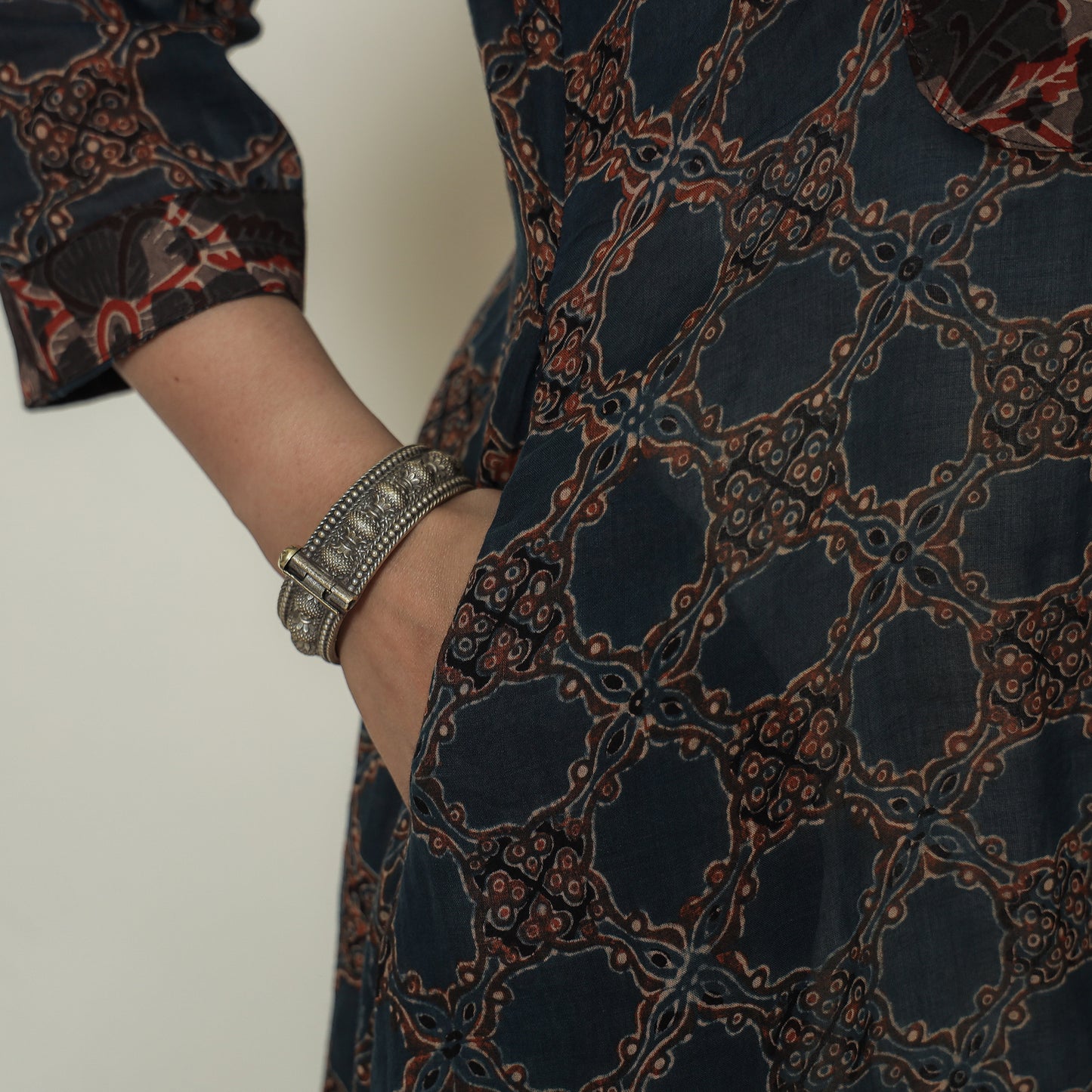 Buy Ajrakh Block Printed Mul Cotton A-Line Kurta for Women