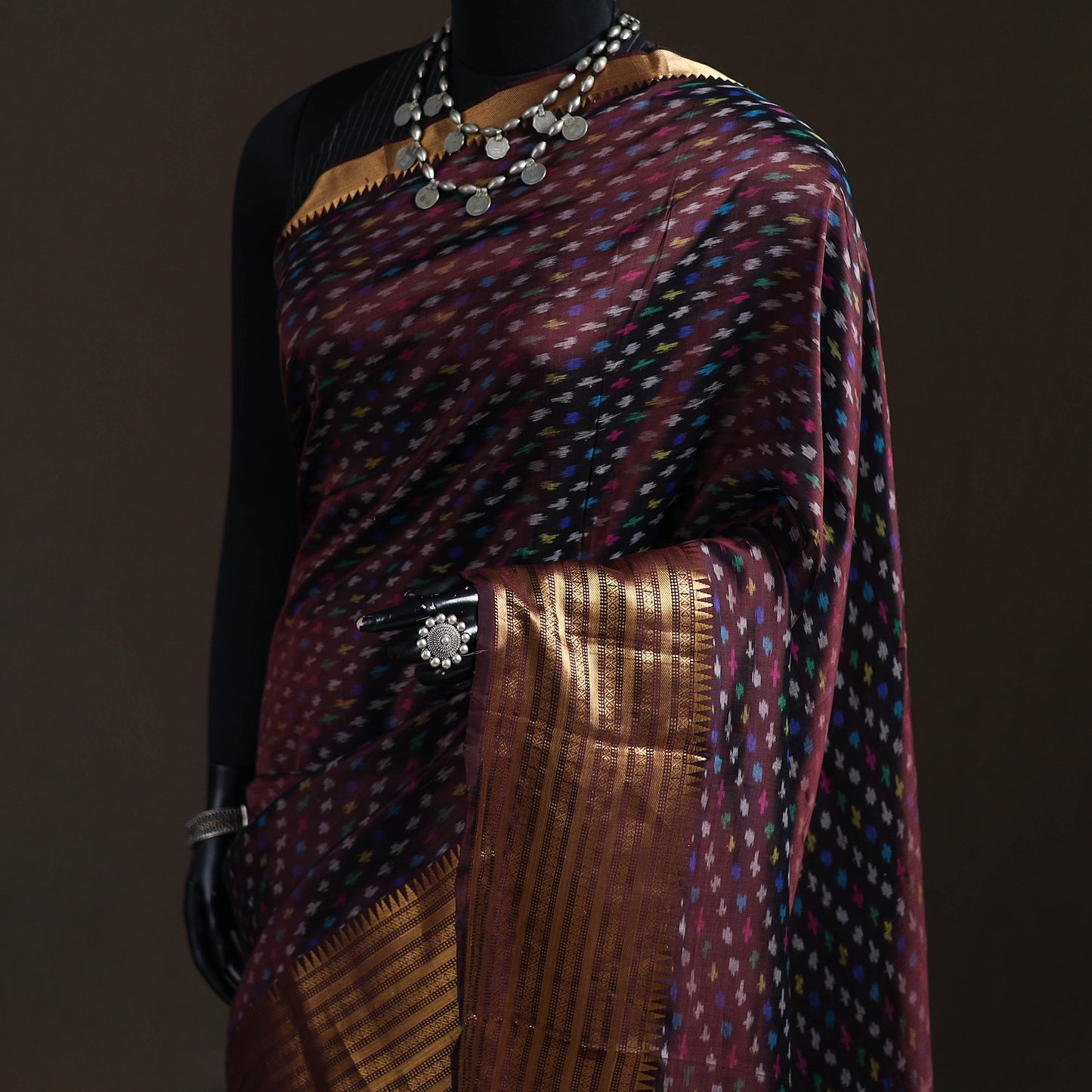 Purple - Traditional Pochampally Ikat Handwoven Pure Silk Pattu Saree with Rudraksha Border 20