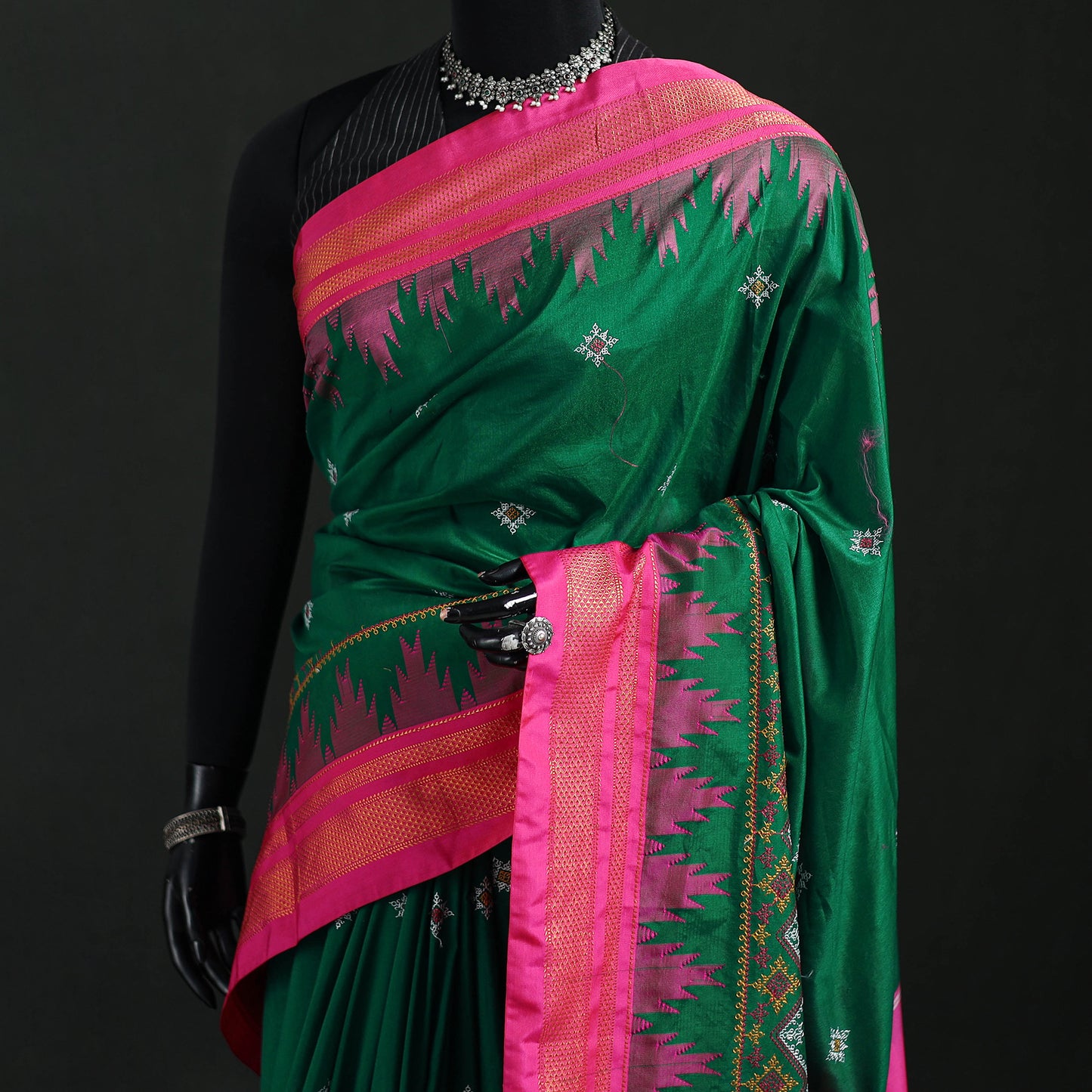 Ilkal Weave Kasuti Work Silk Cotton Zari Border Saree with Blouse Piece 16