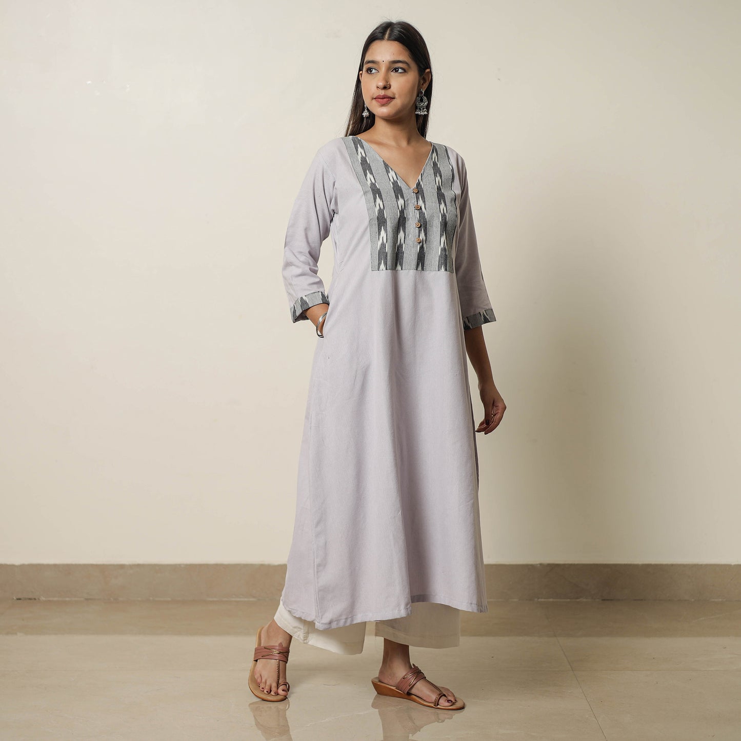 Grey Jhiri Handloom Cotton Ikat Patchwork A-Line Long Kurta
