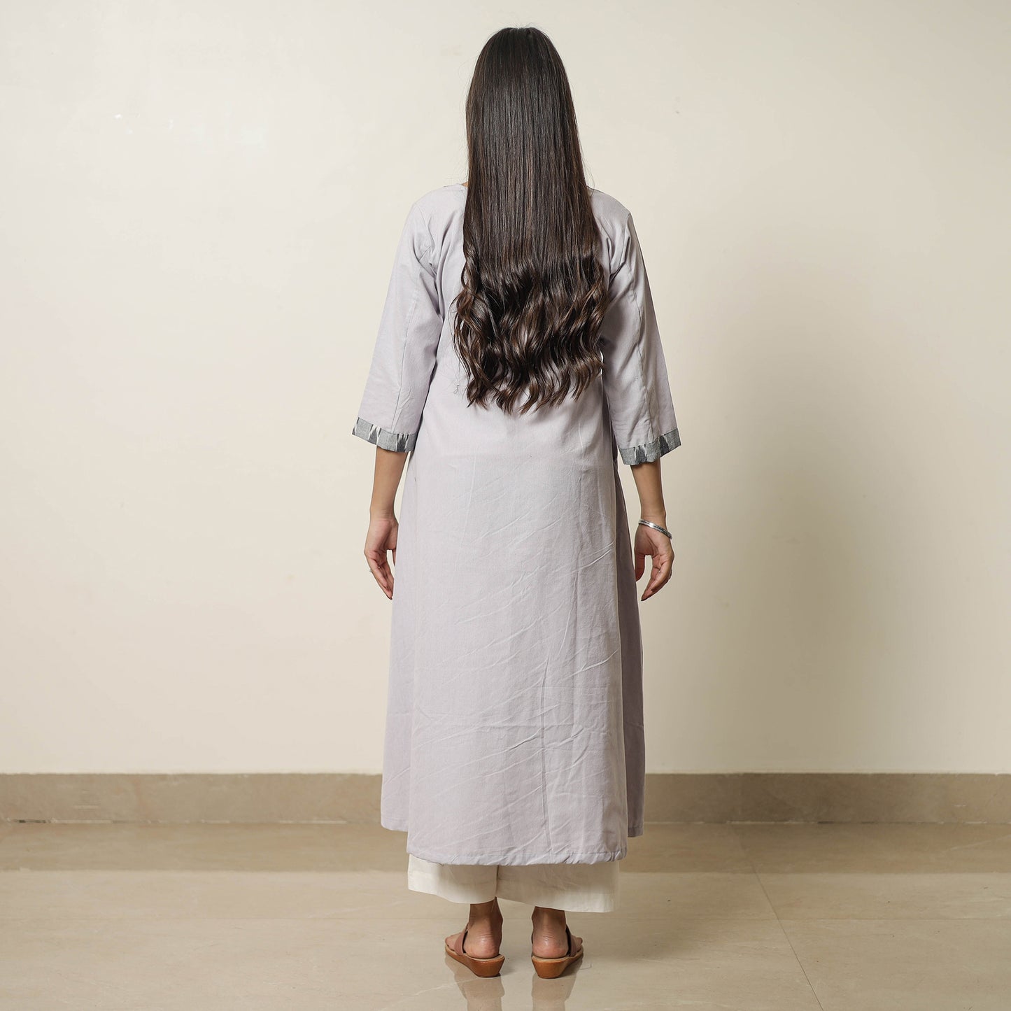 Grey Jhiri Handloom Cotton Ikat Patchwork A-Line Long Kurta