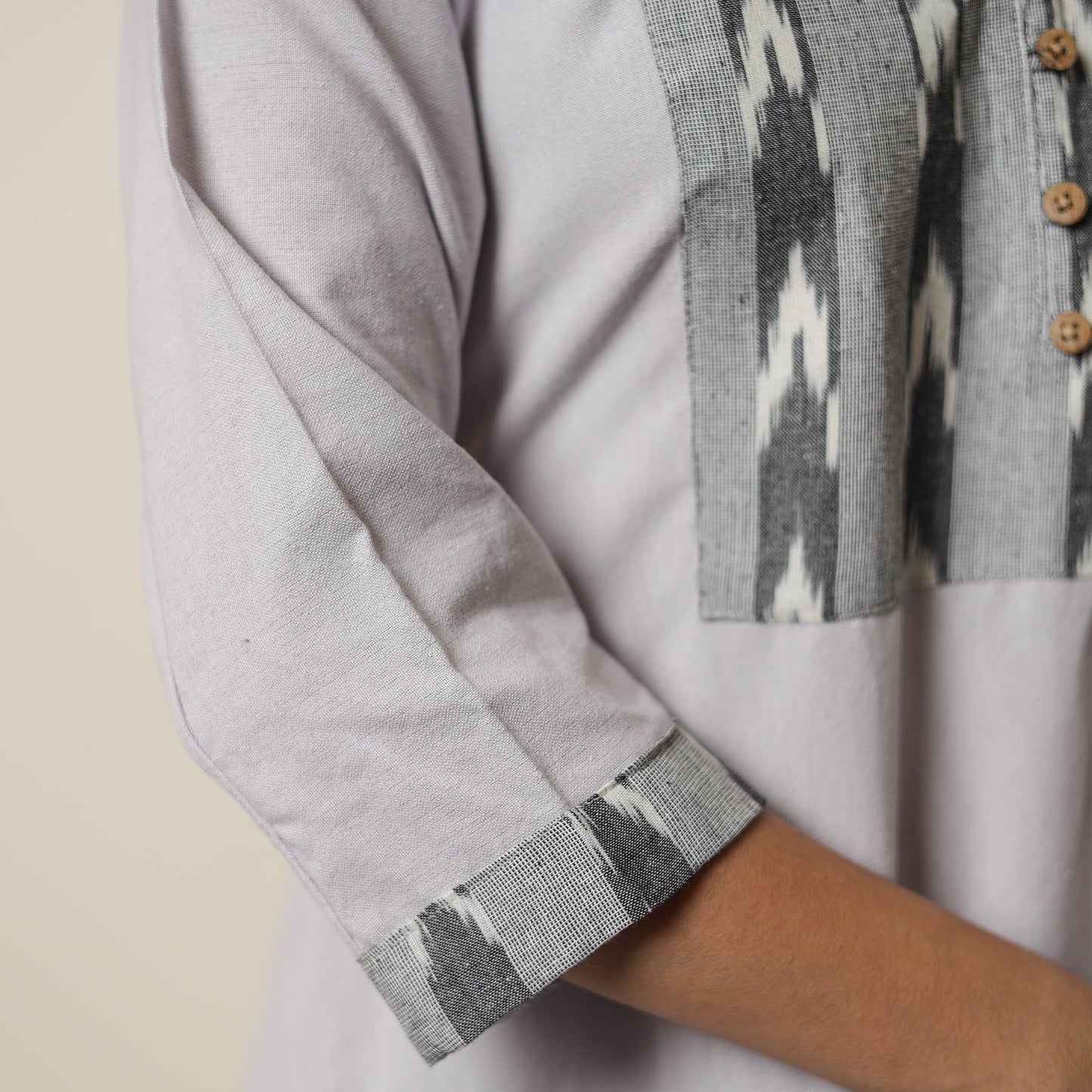 Grey Jhiri Handloom Cotton Ikat Patchwork A-Line Long Kurta