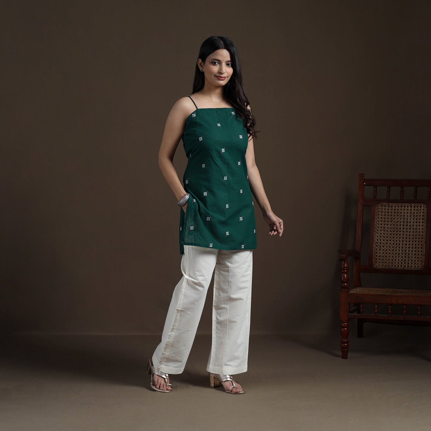 Green - Cotton Short Jacquard Kurta for Women 01