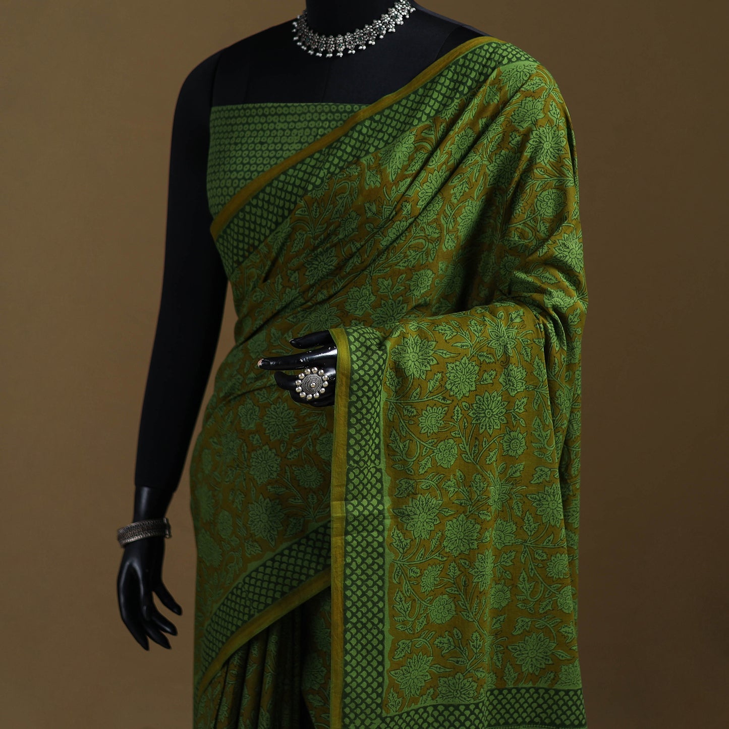 Green - Gamthi Hand Block Print Pure Mul Cotton Saree with Blouse Piece 06