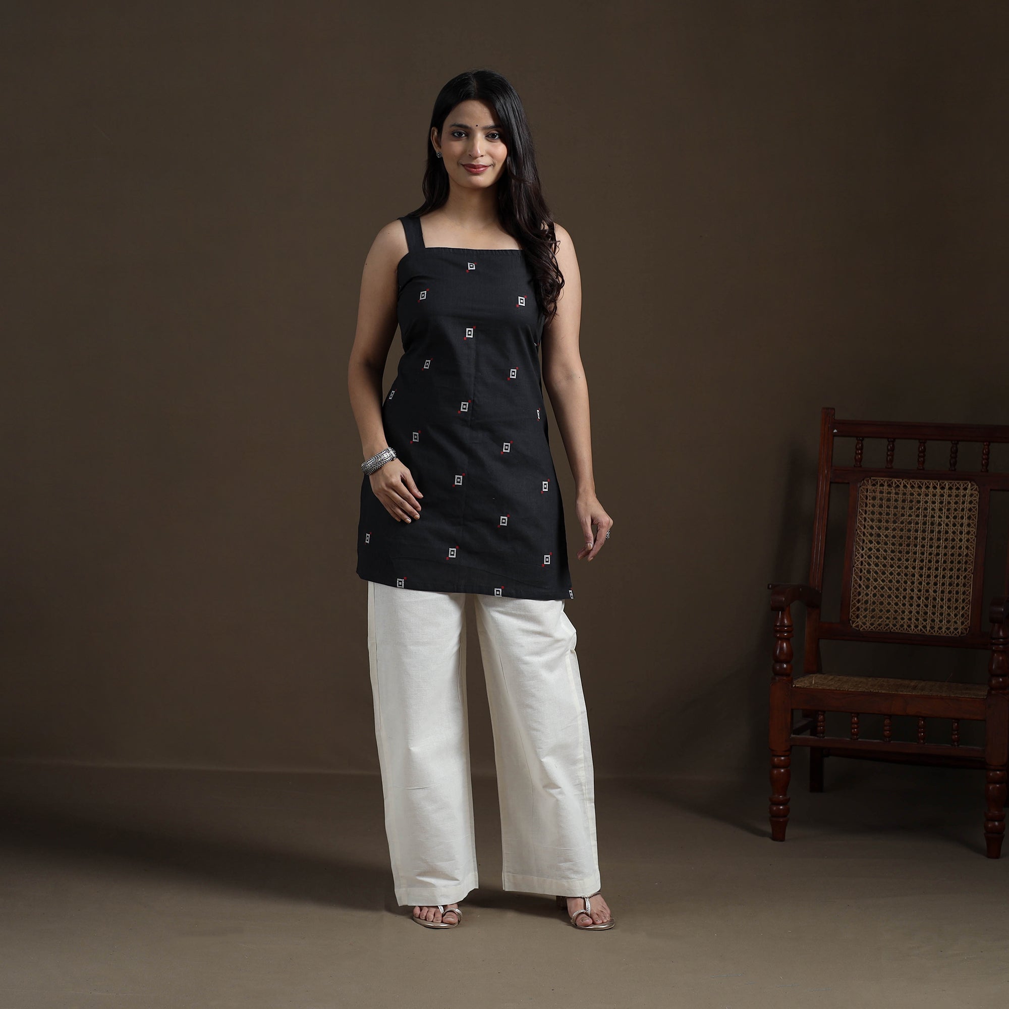 Black - Cotton Short Jacquard Kurta for Women 07