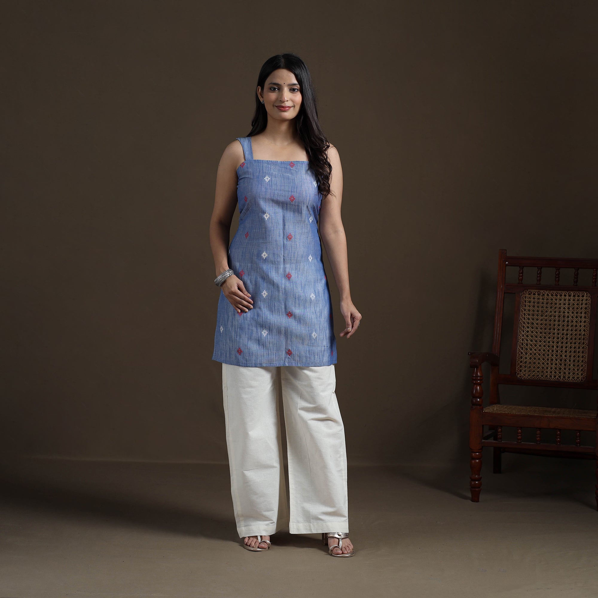 Blue - Cotton Short Jacquard Kurta for Women 06