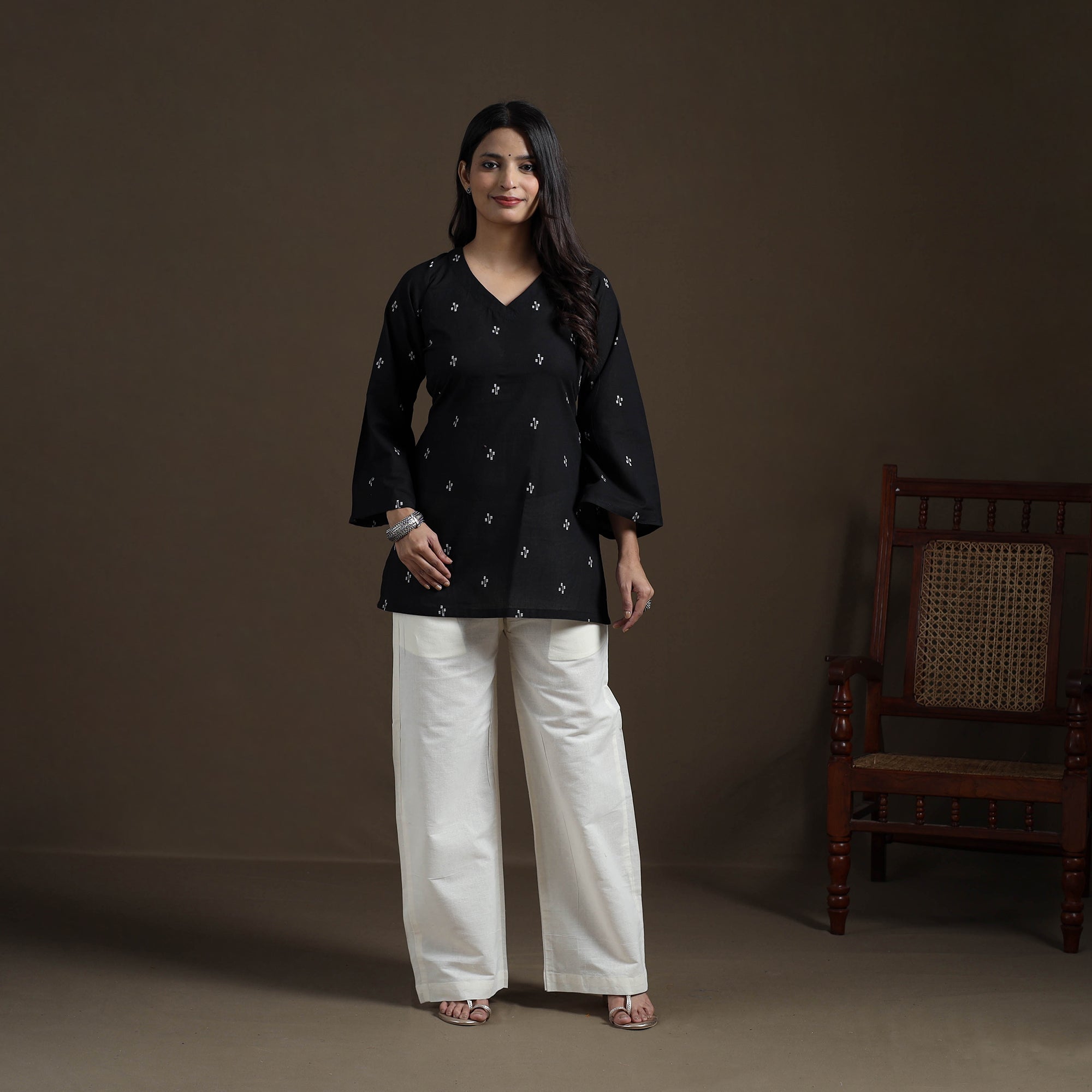 Black - Cotton Short Jacquard Kurta for Women 12