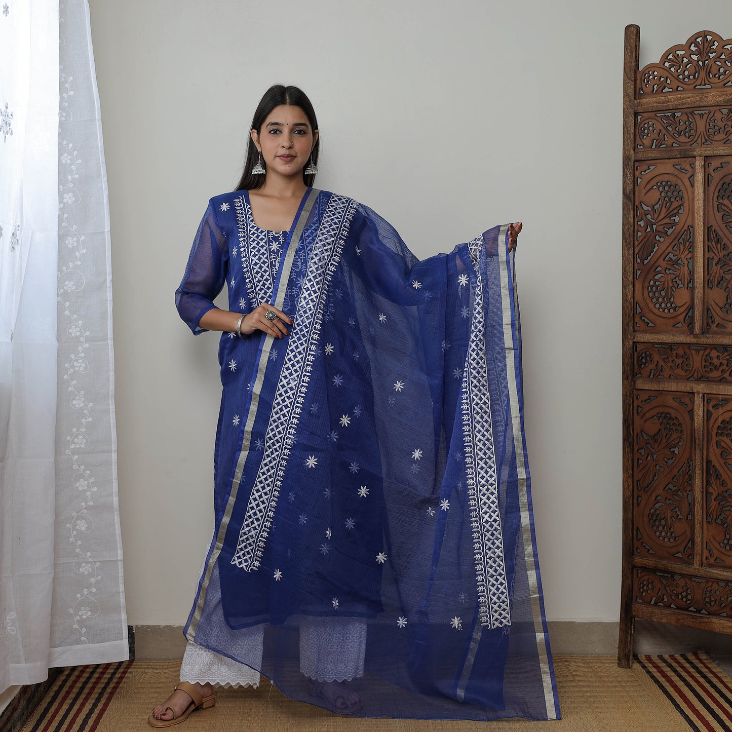 Blue - Kota Doria Cotton Embroidery Kurta Suit Set 13