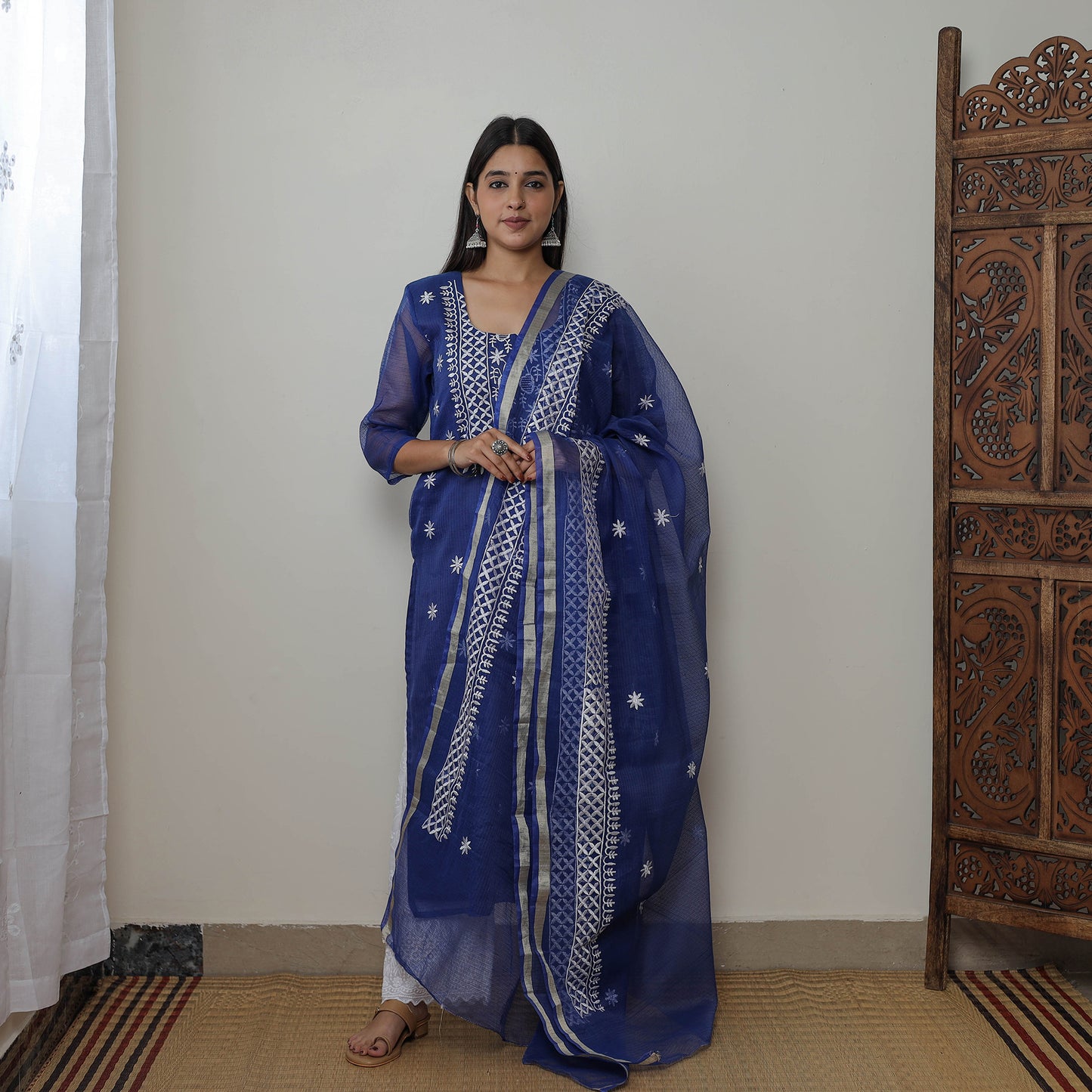 Blue - Kota Doria Cotton Embroidery Kurta Suit Set 13
