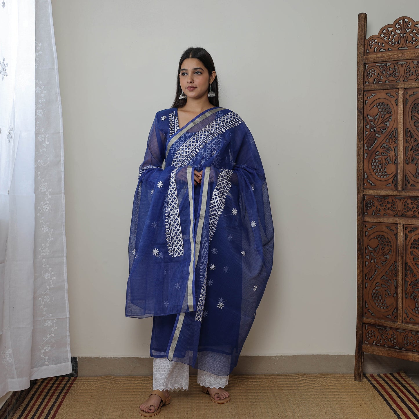 Blue - Kota Doria Cotton Embroidery Kurta Suit Set 13