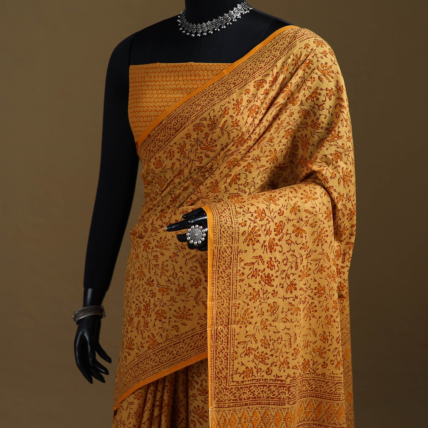 Yellow - Gamthi Hand Block Print Pure Mul Cotton Saree with Blouse Piece 12
