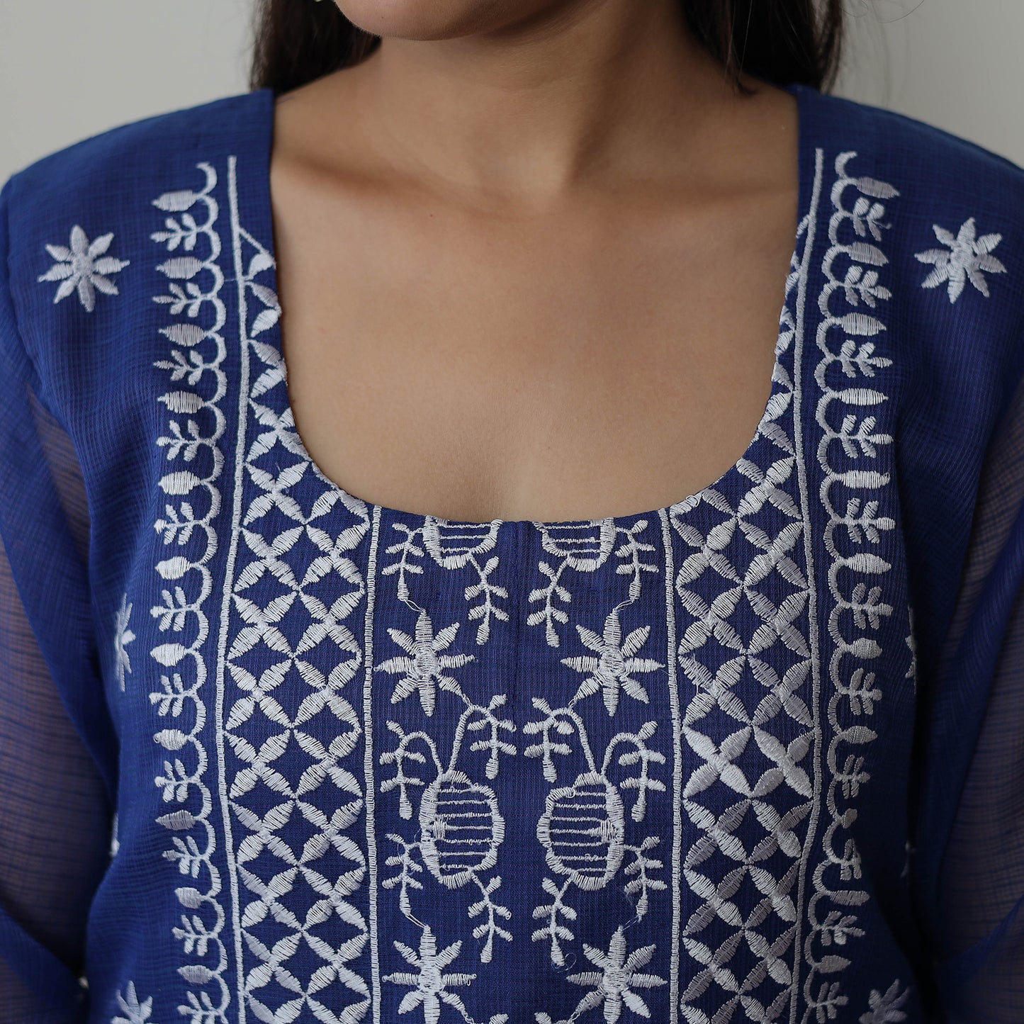 Blue - Kota Doria Cotton Embroidery Kurta Suit Set 13