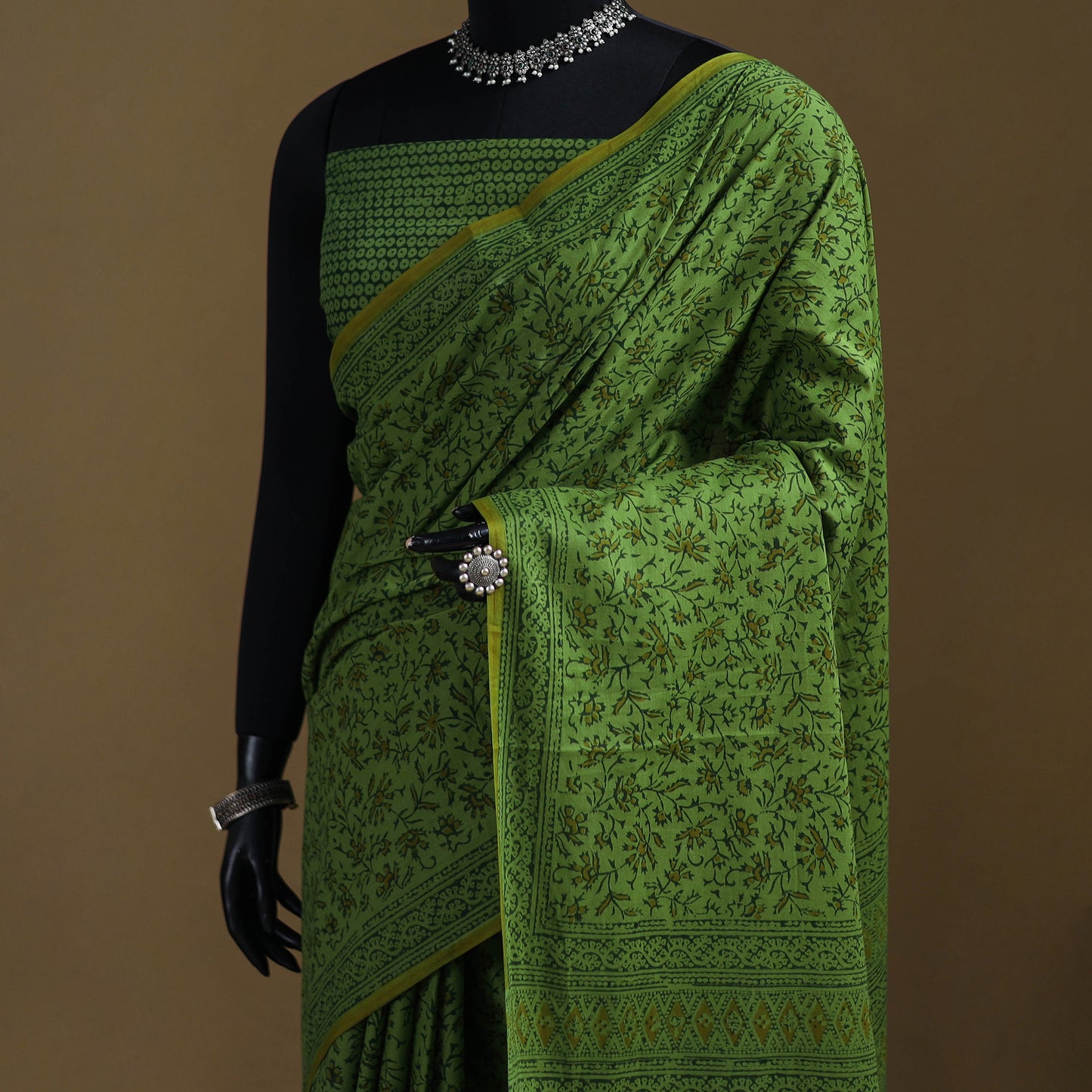 Green - Gamthi Hand Block Print Pure Mul Cotton Saree with Blouse Piece 13
