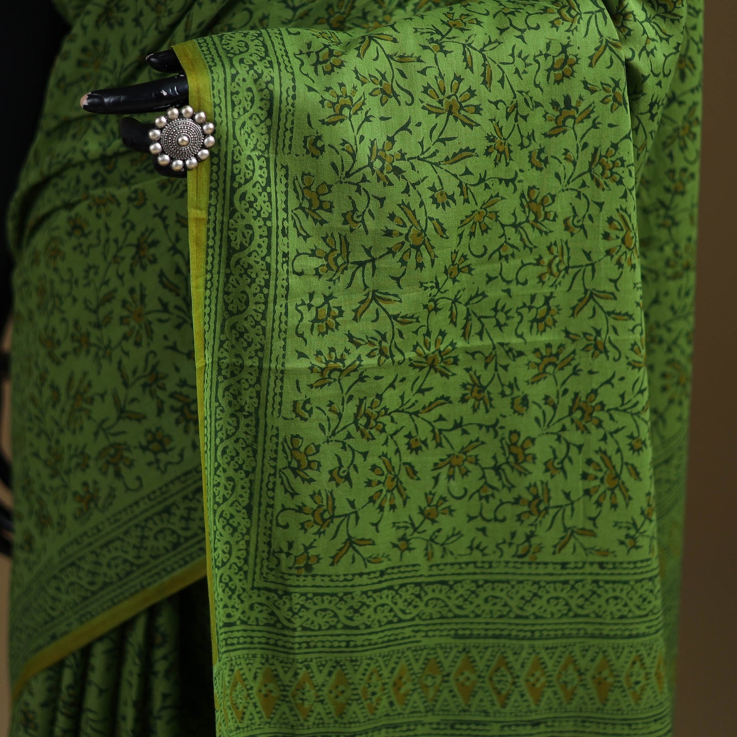 Green - Gamthi Hand Block Print Pure Mul Cotton Saree with Blouse Piece 13