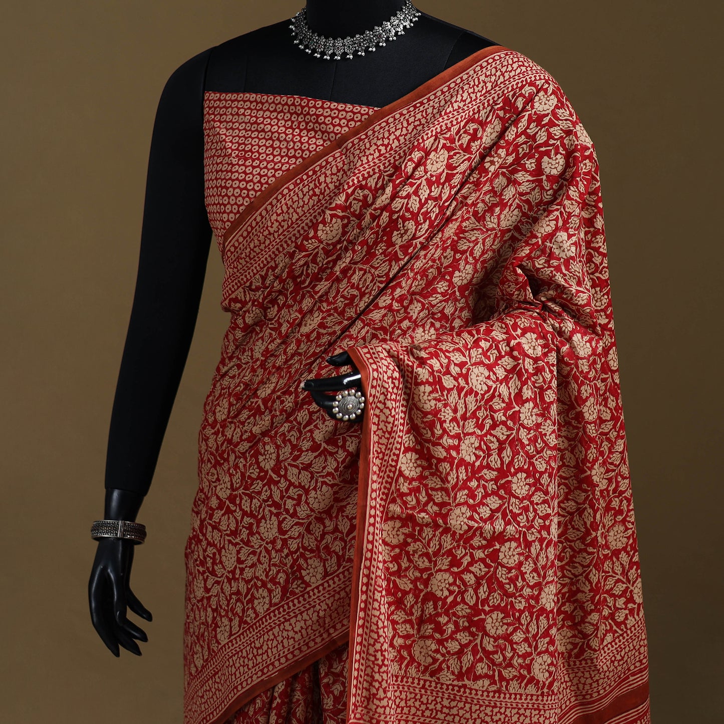 Red - Gamthi Hand Block Print Pure Mul Cotton Saree with Blouse Piece 17
