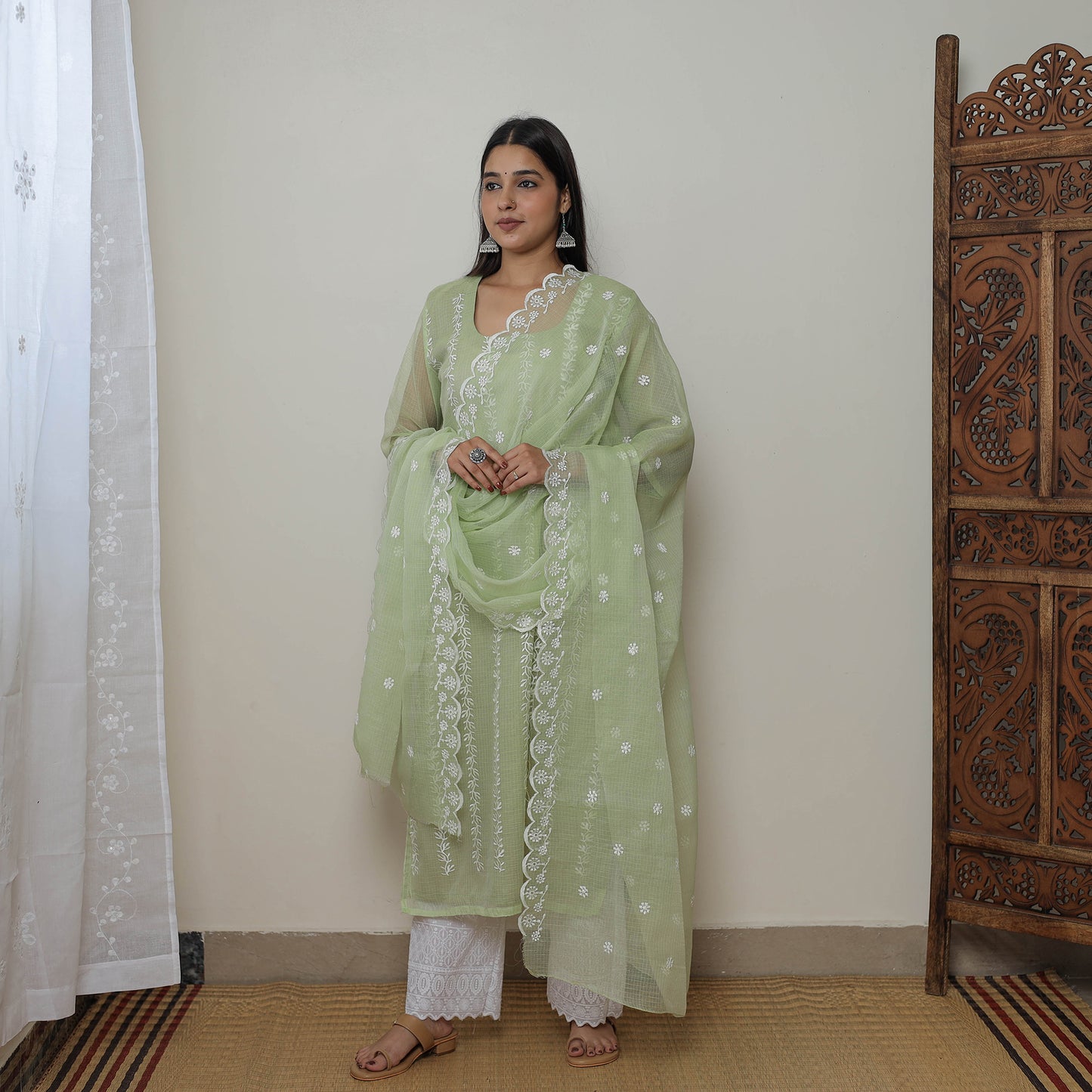 Green - Kota Doria Cotton Embroidery Kurta Suit Set 12