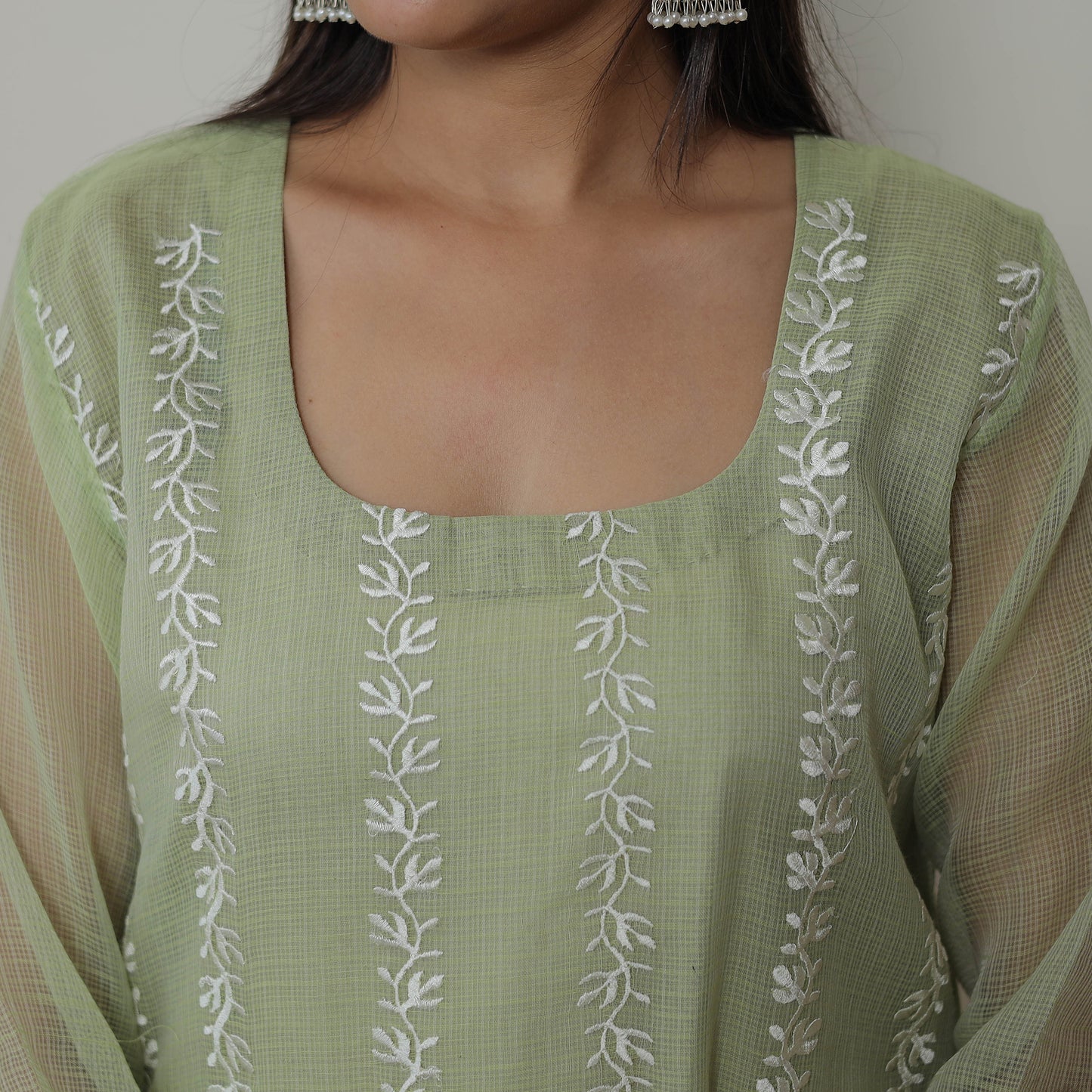 Green - Kota Doria Cotton Embroidery Kurta Suit Set 12