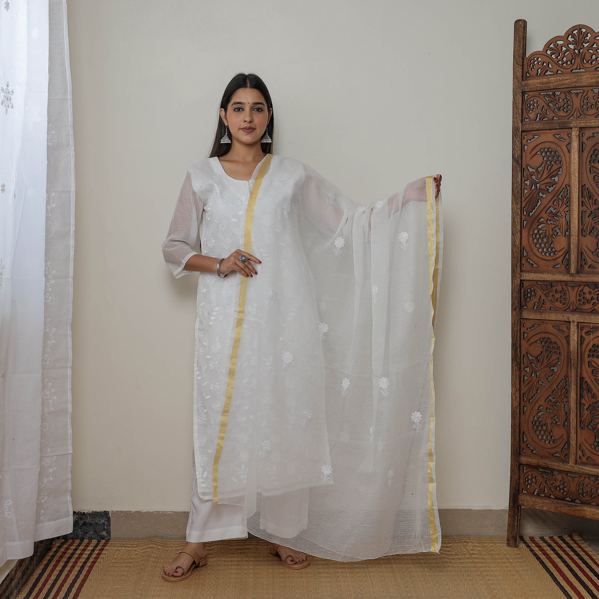 Plain Kota Doria Cotton Embroidered 3pc Unstitched Dress Material Suit Set 17