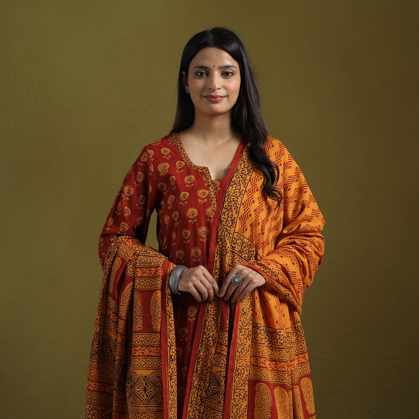 Natural Dyed Hand Block Bagh Print Cotton Suit Set with Dupatta for Women 01