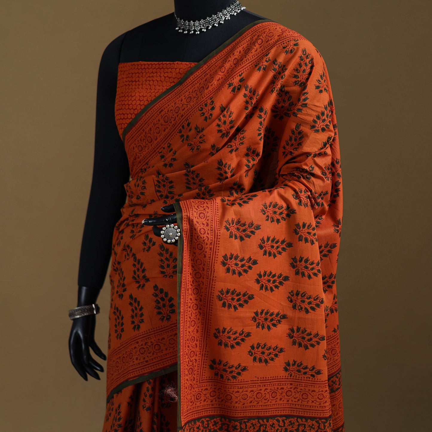 Orange - Gamthi Hand Block Print Pure Mul Cotton Saree with Blouse Piece 25