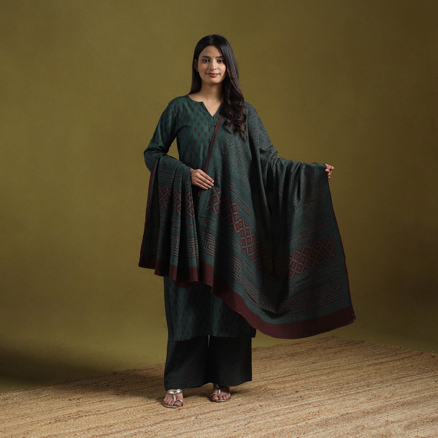 Natural Dyed Hand Block Bagh Print Cotton Suit Set with Dupatta for Women 13