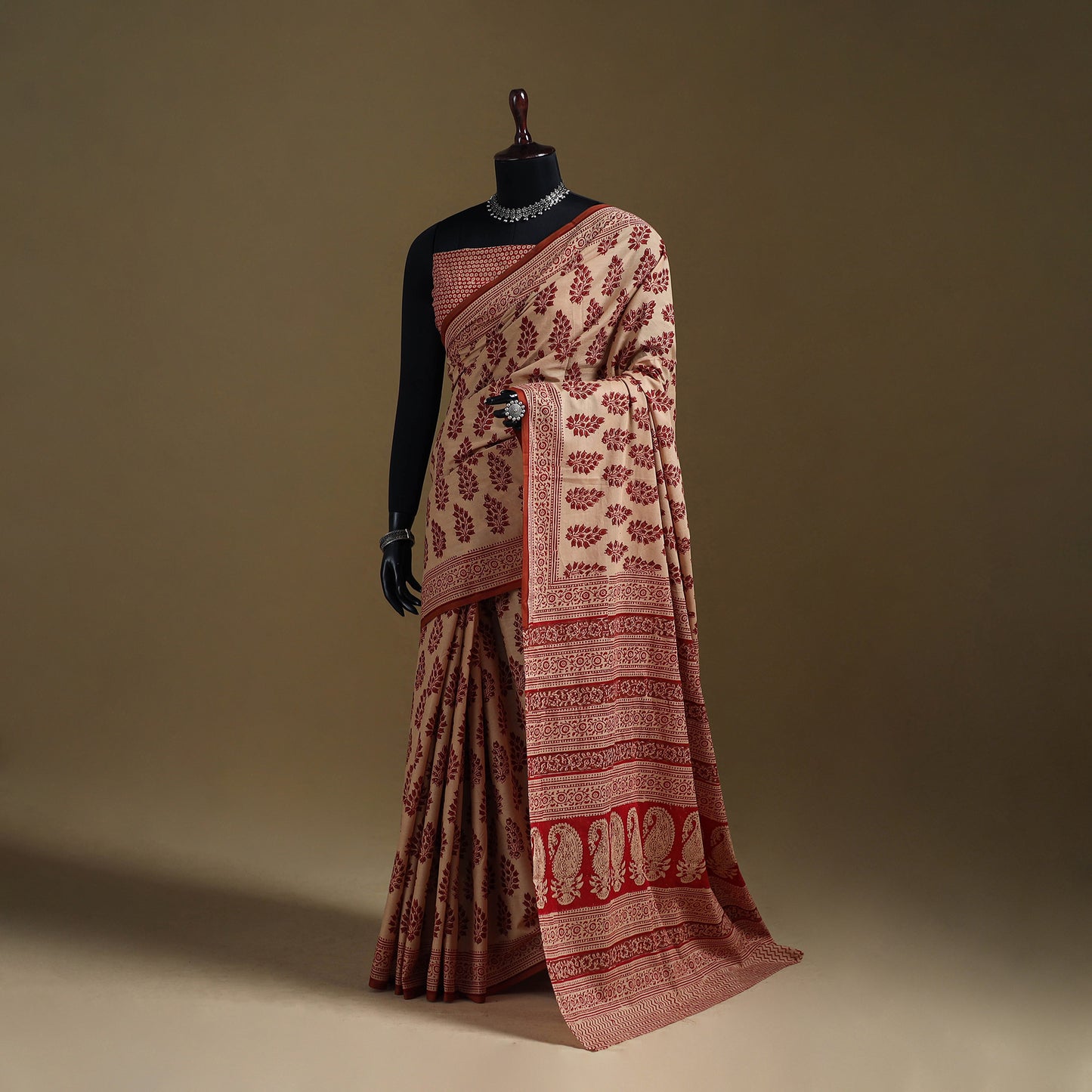 Beige - Gamthi Hand Block Print Pure Mul Cotton Saree with Blouse Piece 26