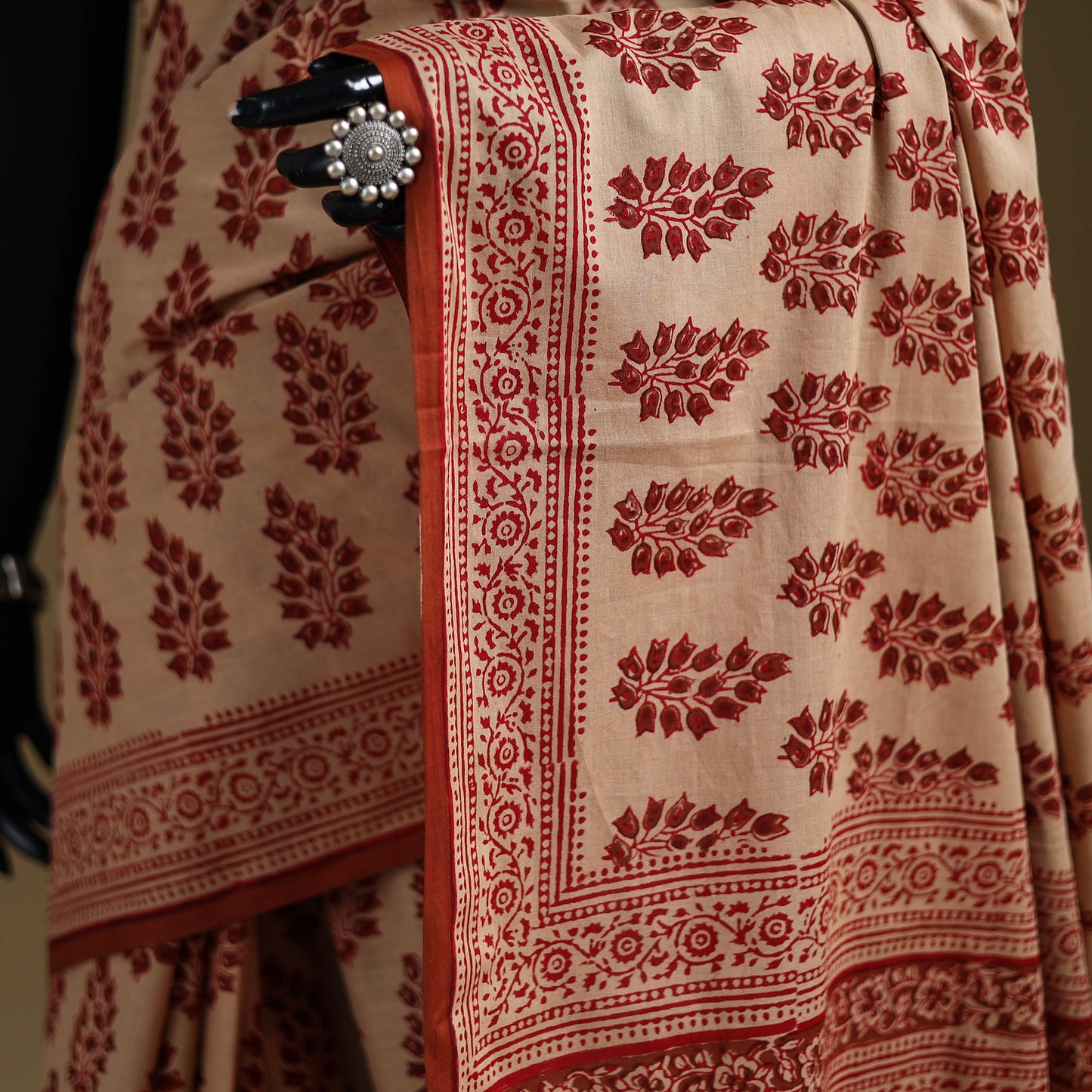 Beige - Gamthi Hand Block Print Pure Mul Cotton Saree with Blouse Piece 26