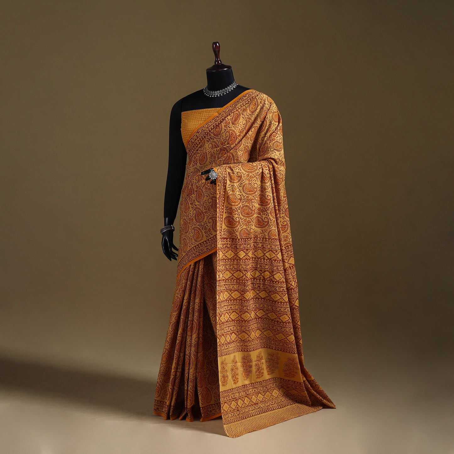 Yellow - Gamthi Hand Block Print Pure Mul Cotton Saree with Blouse Piece 27