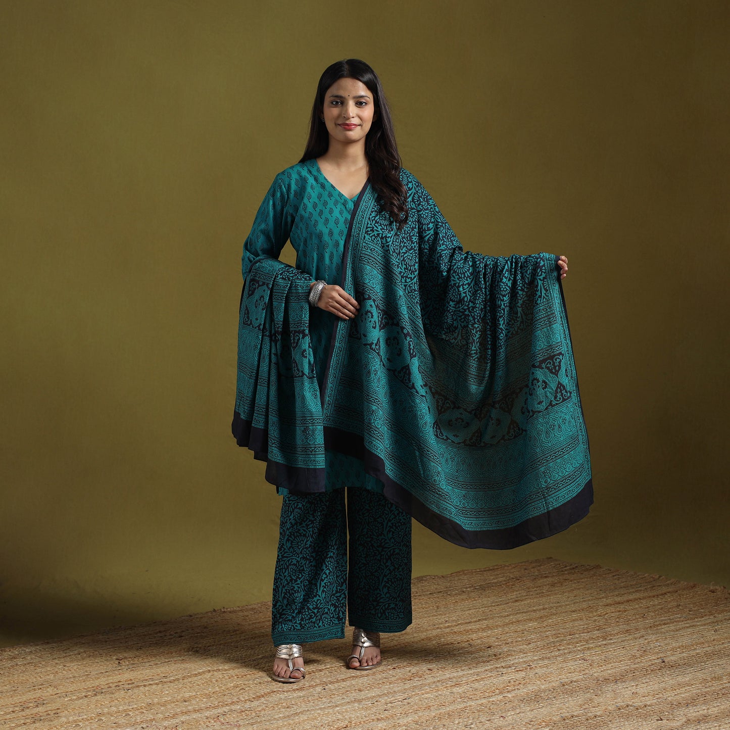 Natural Dyed Hand Block Bagh Print Cotton Suit Set with Dupatta for Women 17