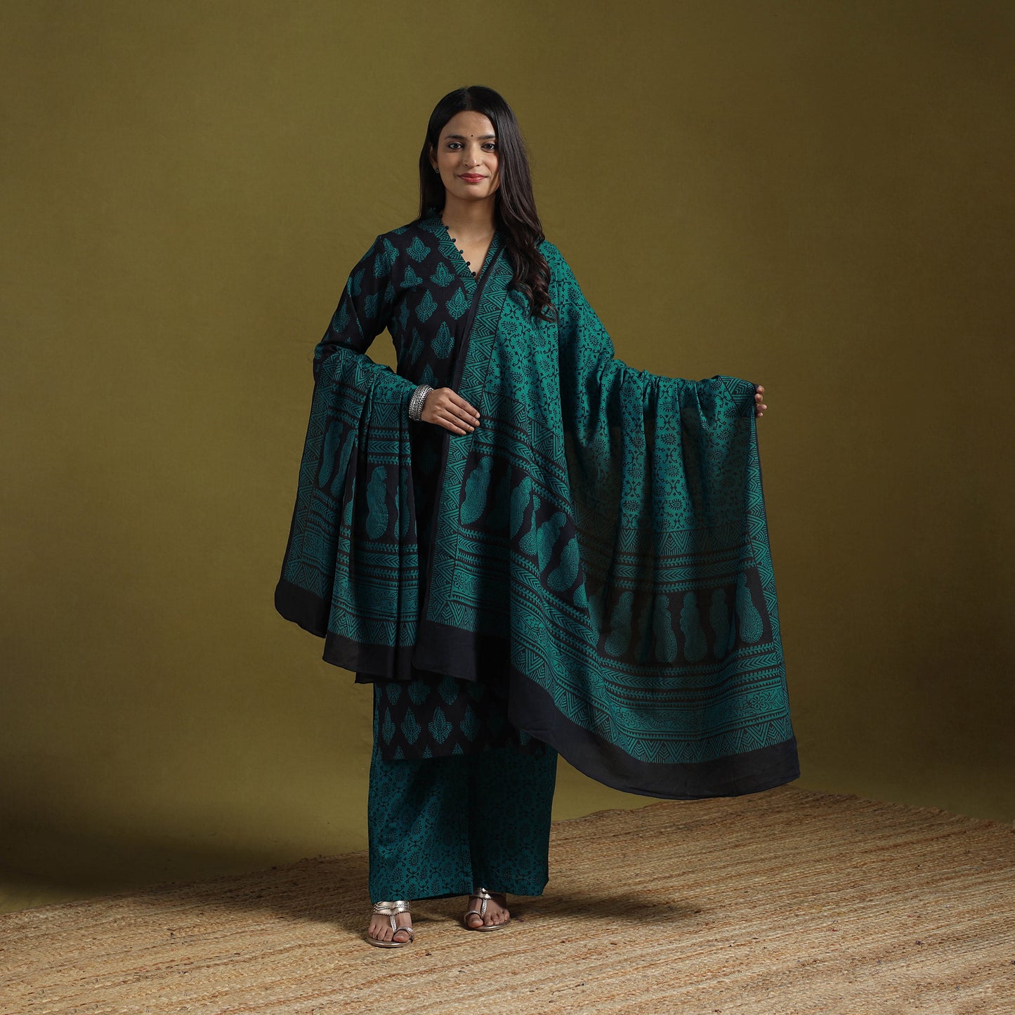 Natural Dyed Hand Block Bagh Print Cotton Suit Set with Dupatta for Women 06