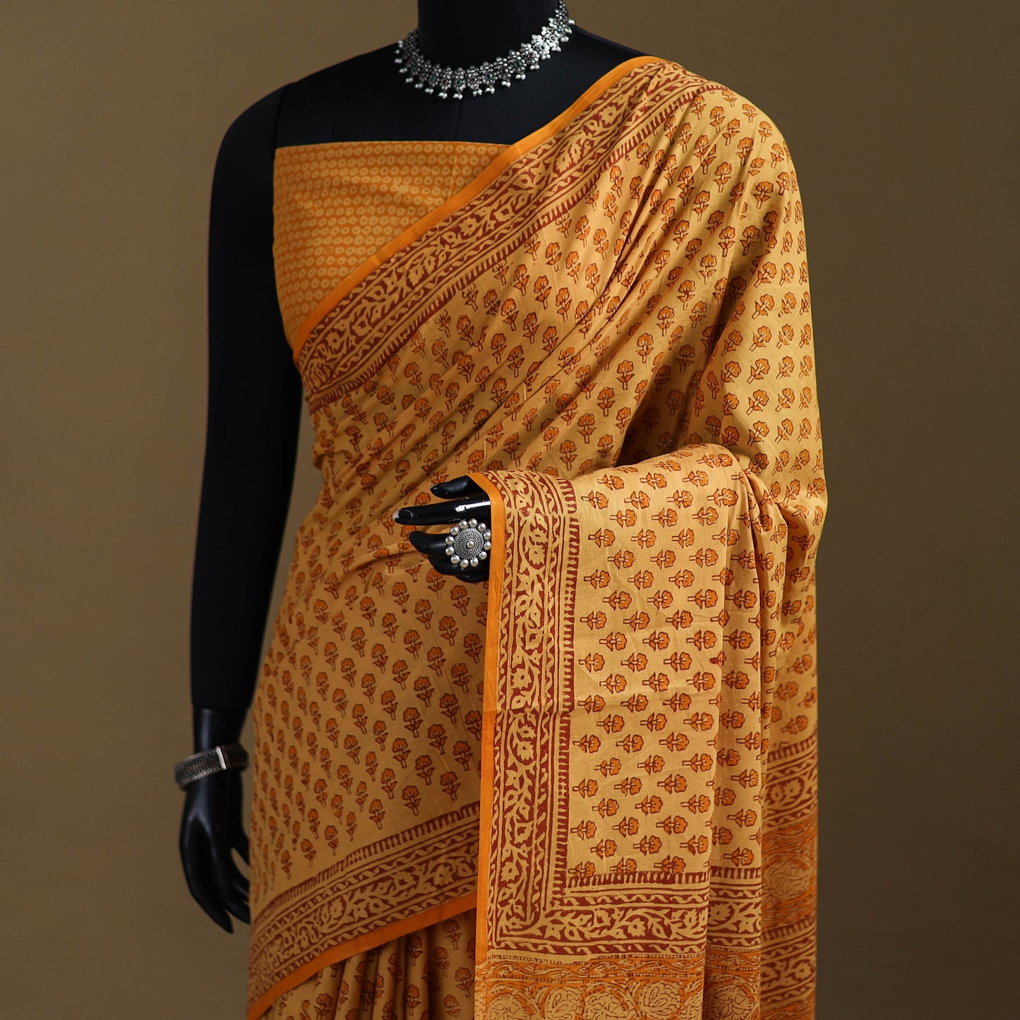 Yellow - Gamthi Hand Block Print Pure Mul Cotton Saree with Blouse Piece 34