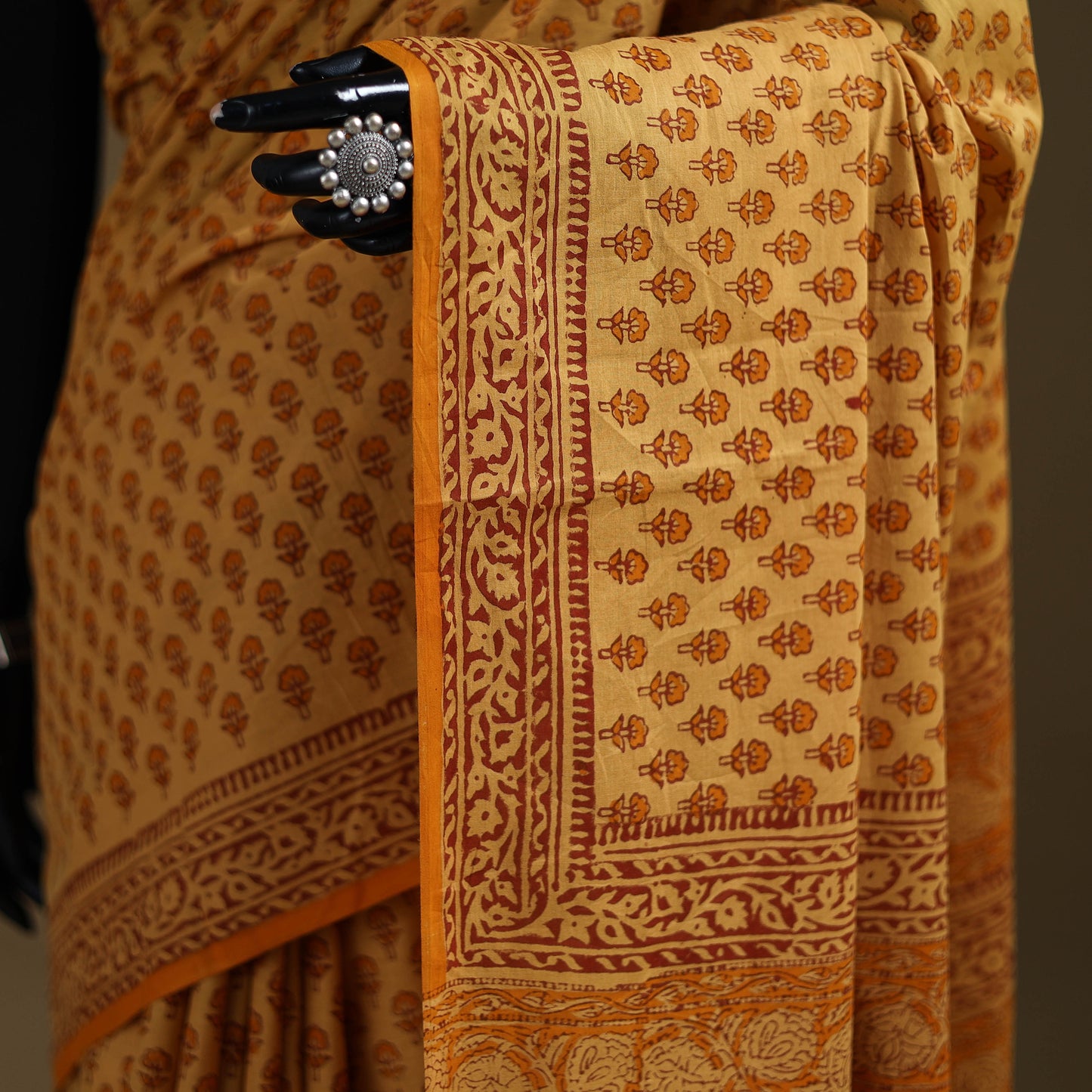 Yellow - Gamthi Hand Block Print Pure Mul Cotton Saree with Blouse Piece 34