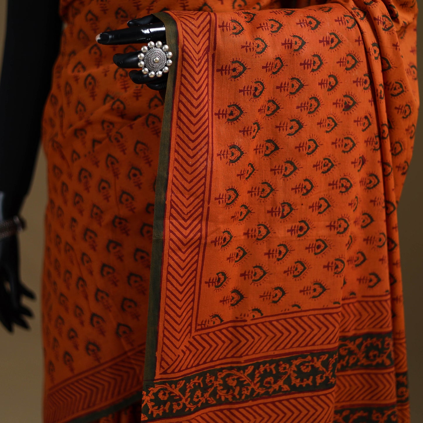 Orange - Gamthi Hand Block Print Pure Mul Cotton Saree with Blouse Piece 36