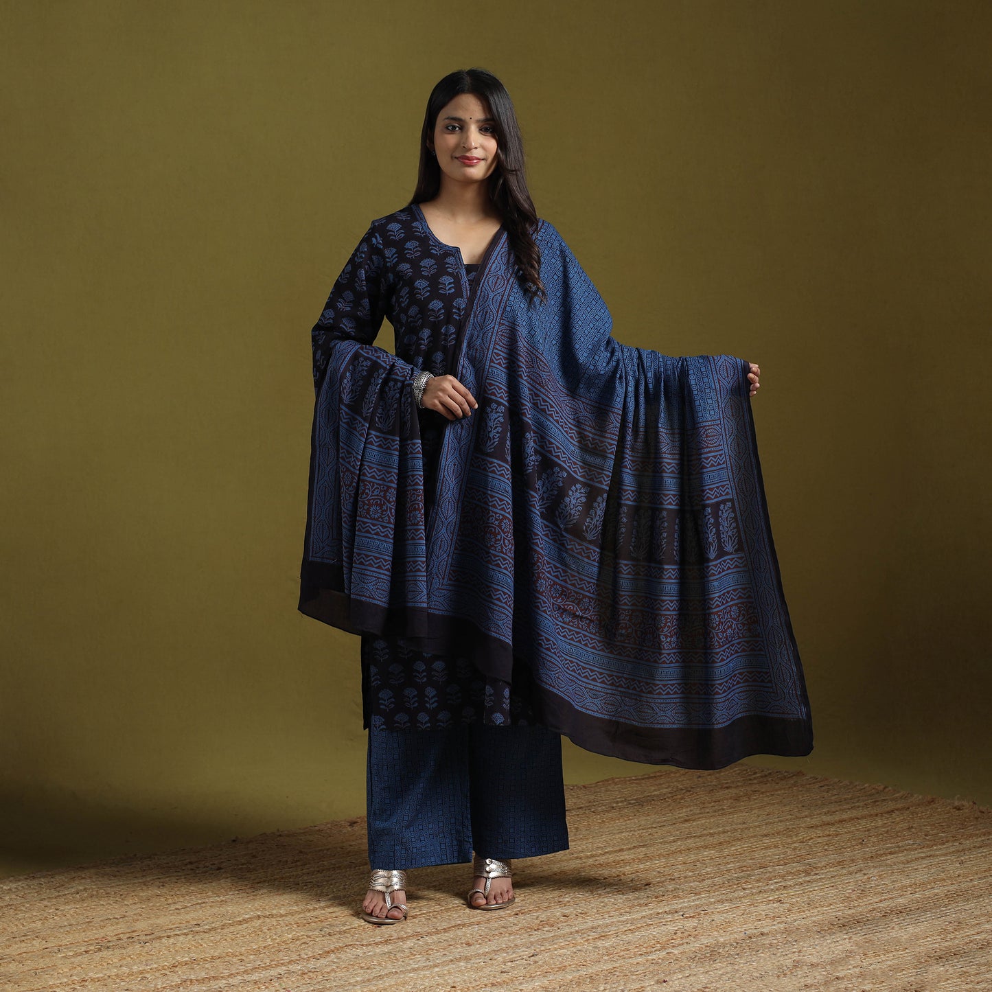 Natural Dyed Hand Block Bagh Print Cotton Suit Set with Dupatta for Women 03
