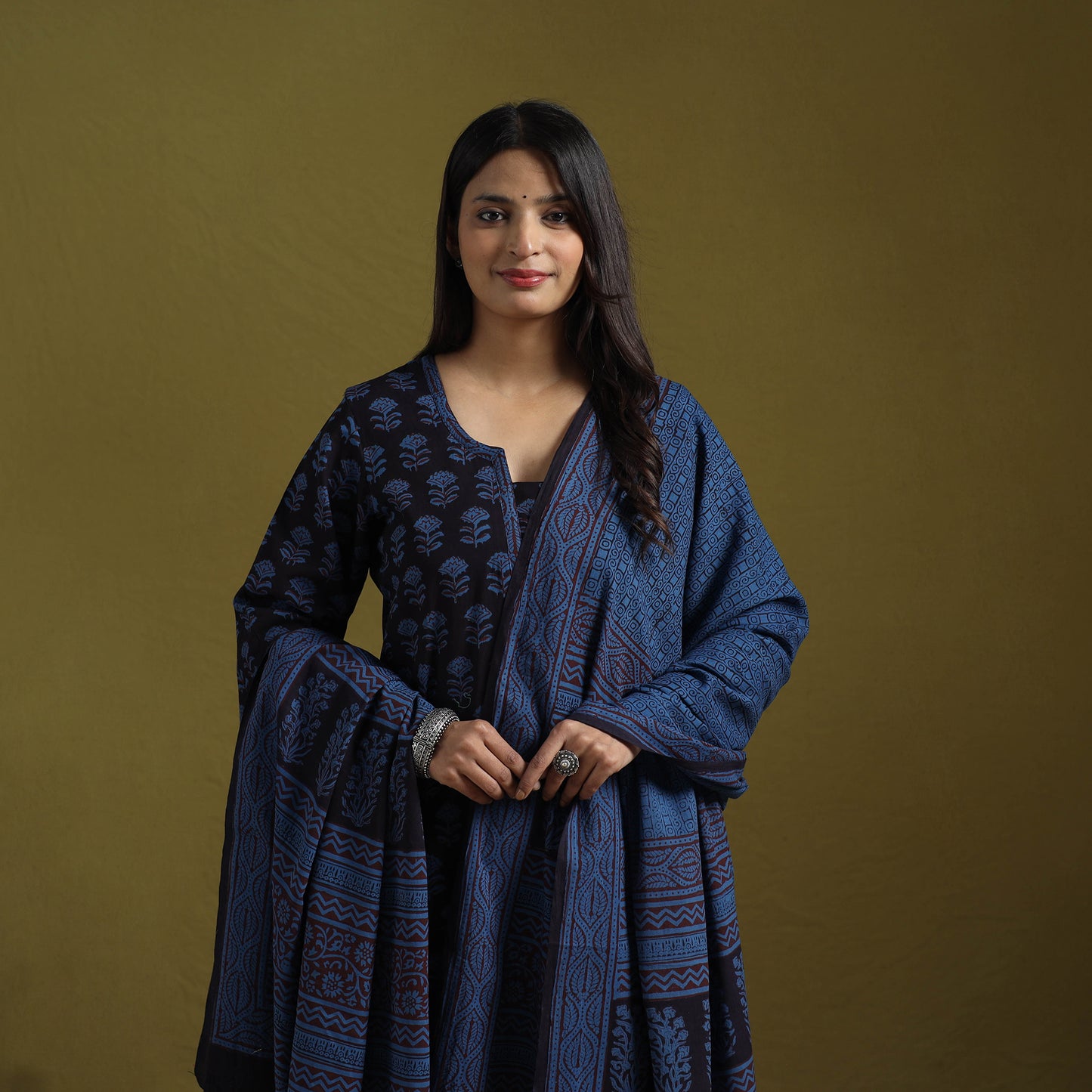 Natural Dyed Hand Block Bagh Print Cotton Suit Set with Dupatta for Women 03