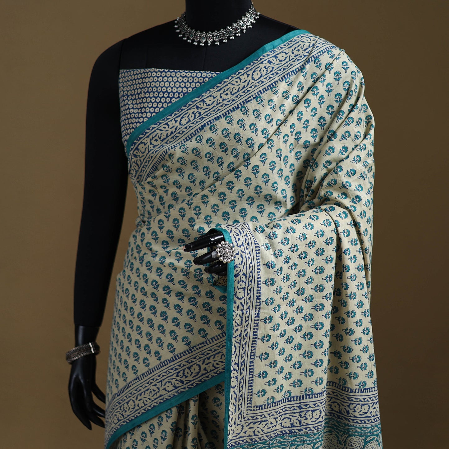 White - Gamthi Hand Block Print Pure Mul Cotton Saree with Blouse Piece 37