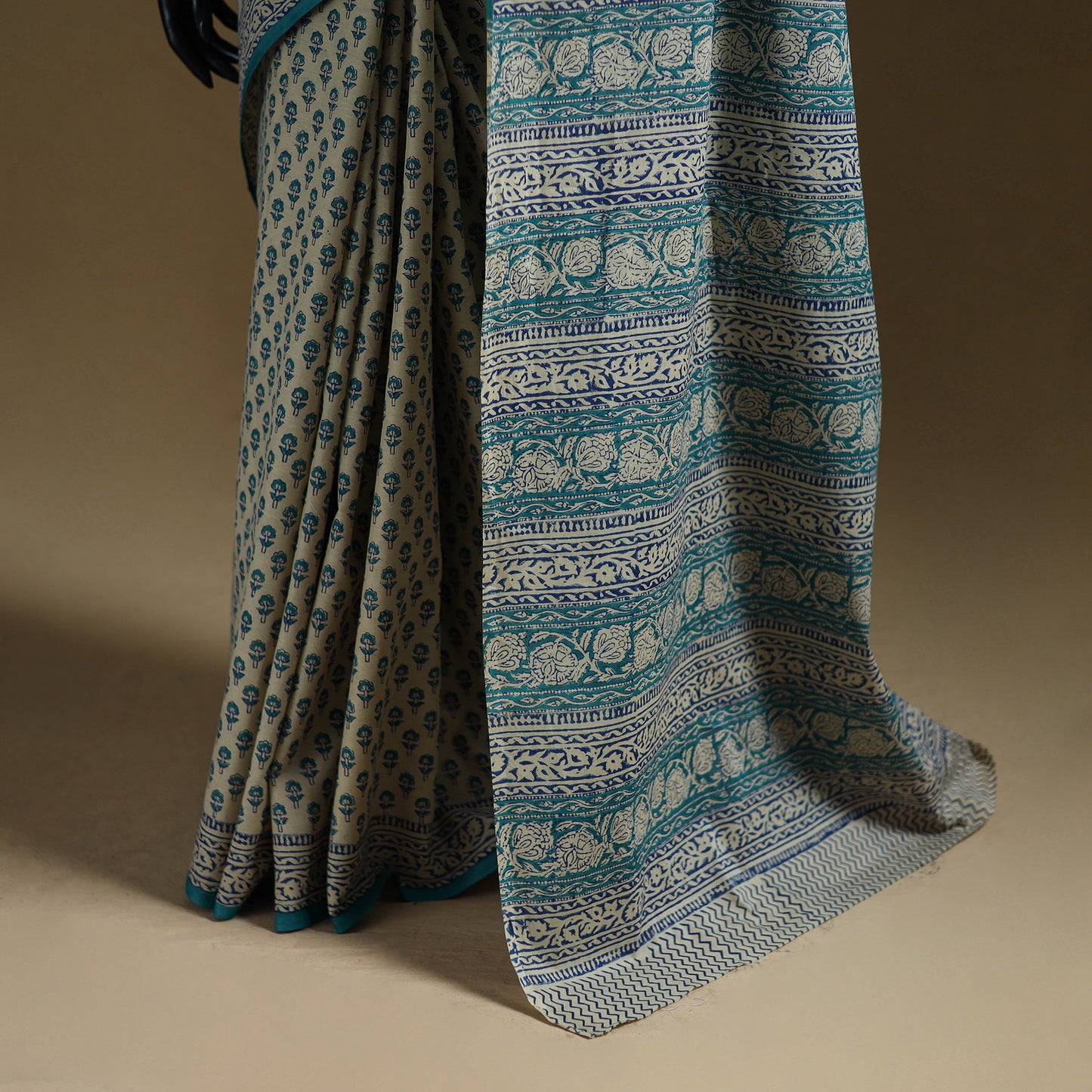White - Gamthi Hand Block Print Pure Mul Cotton Saree with Blouse Piece 37