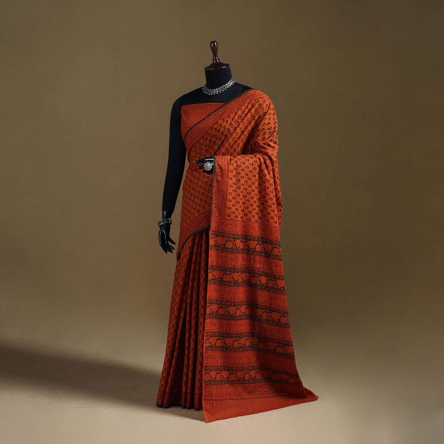 Orange - Gamthi Hand Block Print Pure Mul Cotton Saree with Blouse Piece 39