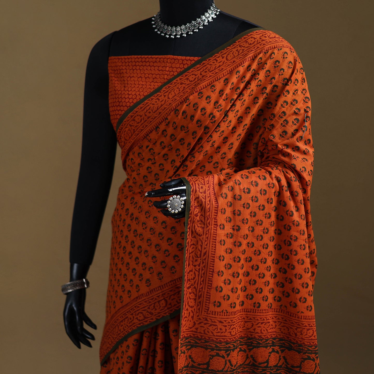 Orange - Gamthi Hand Block Print Pure Mul Cotton Saree with Blouse Piece 39