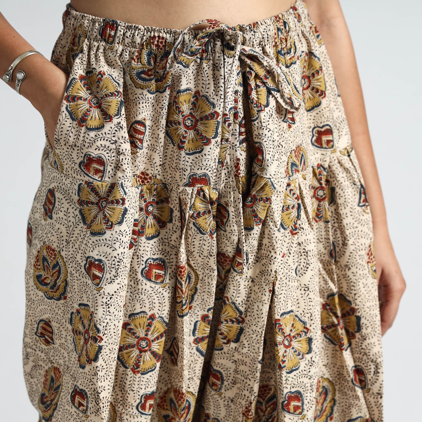 Beige - Pedana Kalamkari Block Printed Cotton Elasticated Salwar 19