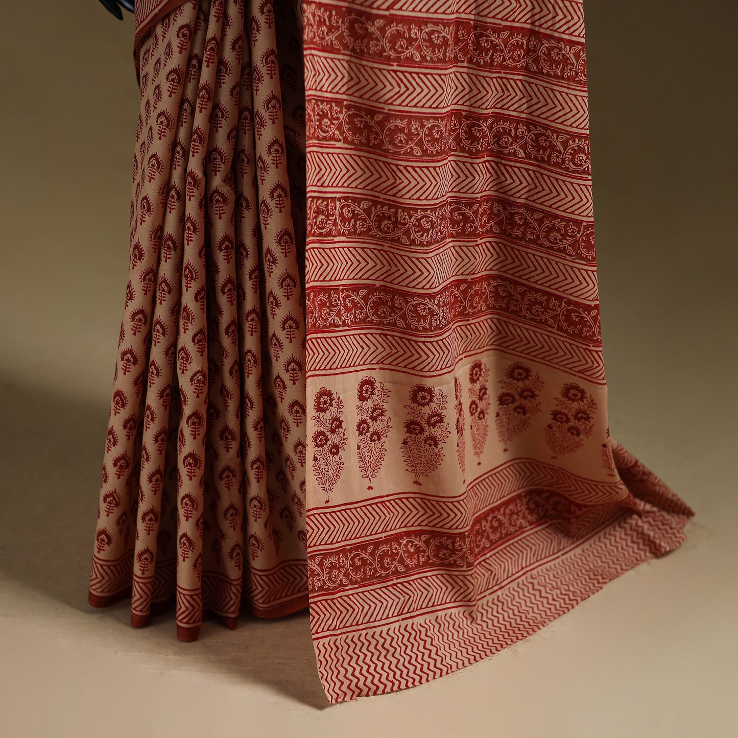 Beige - Gamthi Hand Block Print Pure Mul Cotton Saree with Blouse Piece 41