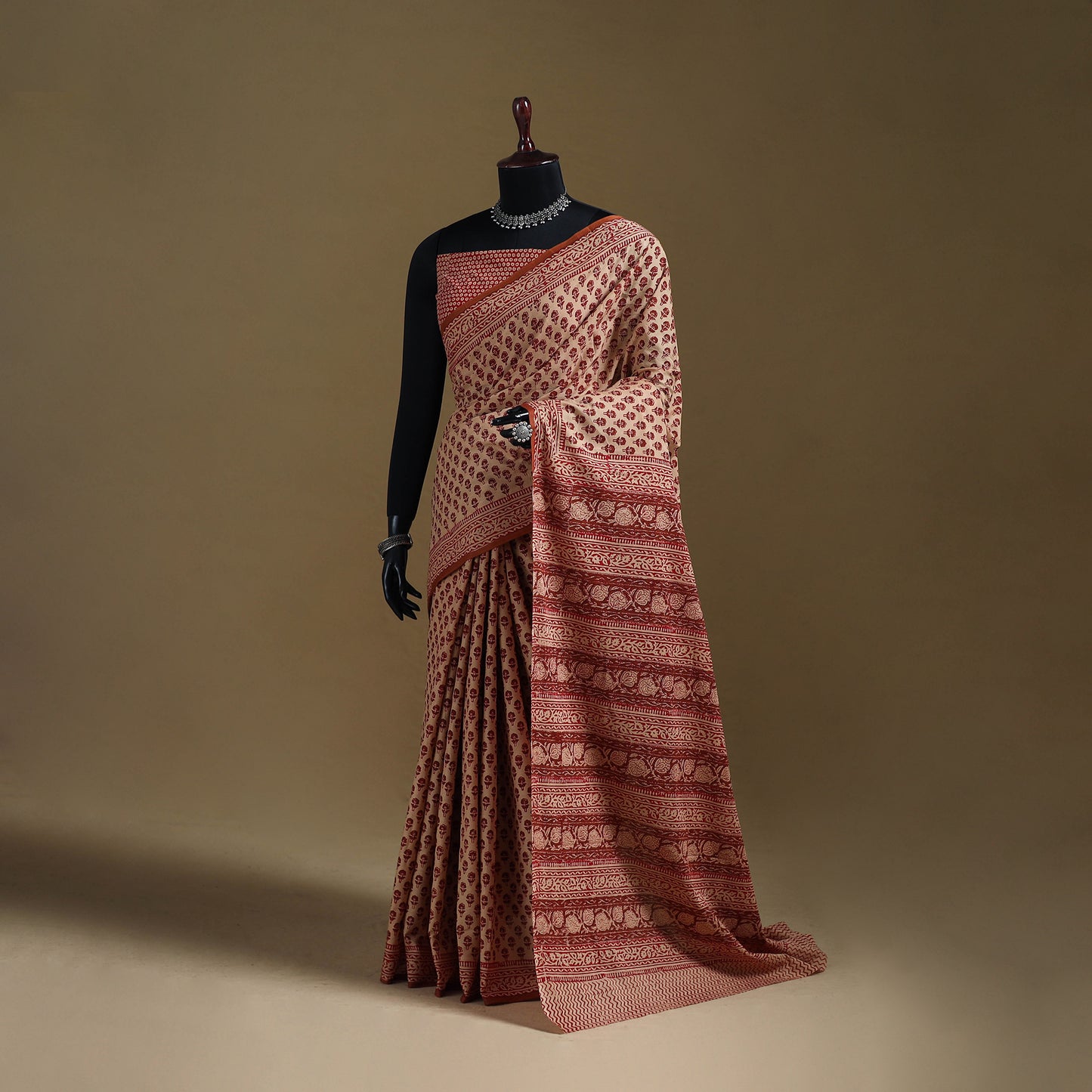 Beige - Gamthi Hand Block Print Pure Mul Cotton Saree with Blouse Piece 44
