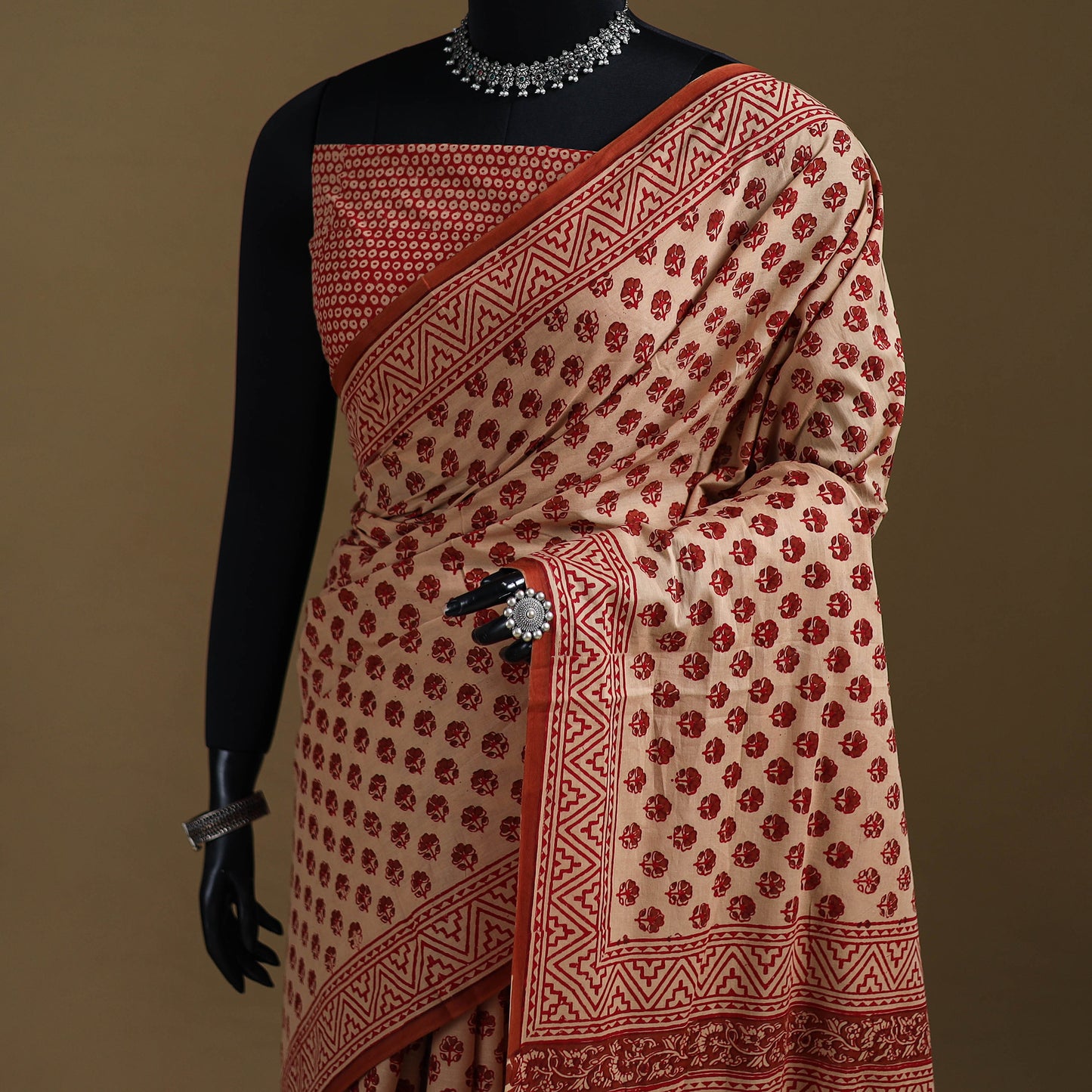 Beige - Gamthi Hand Block Print Pure Mul Cotton Saree with Blouse Piece 45