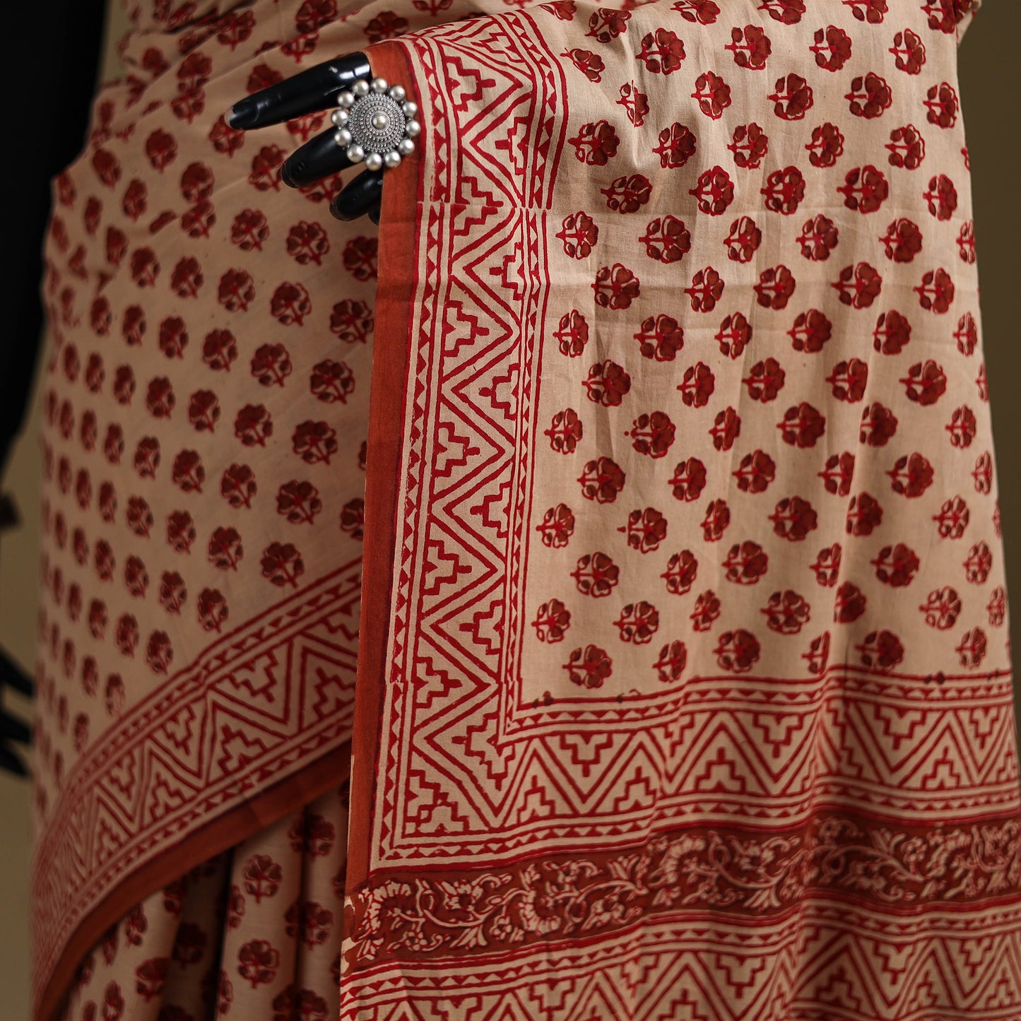 Beige - Gamthi Hand Block Print Pure Mul Cotton Saree with Blouse Piece 45