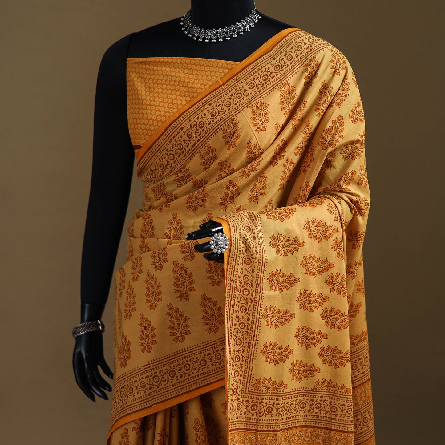 Yellow - Gamthi Hand Block Print Pure Mul Cotton Saree with Blouse Piece 46